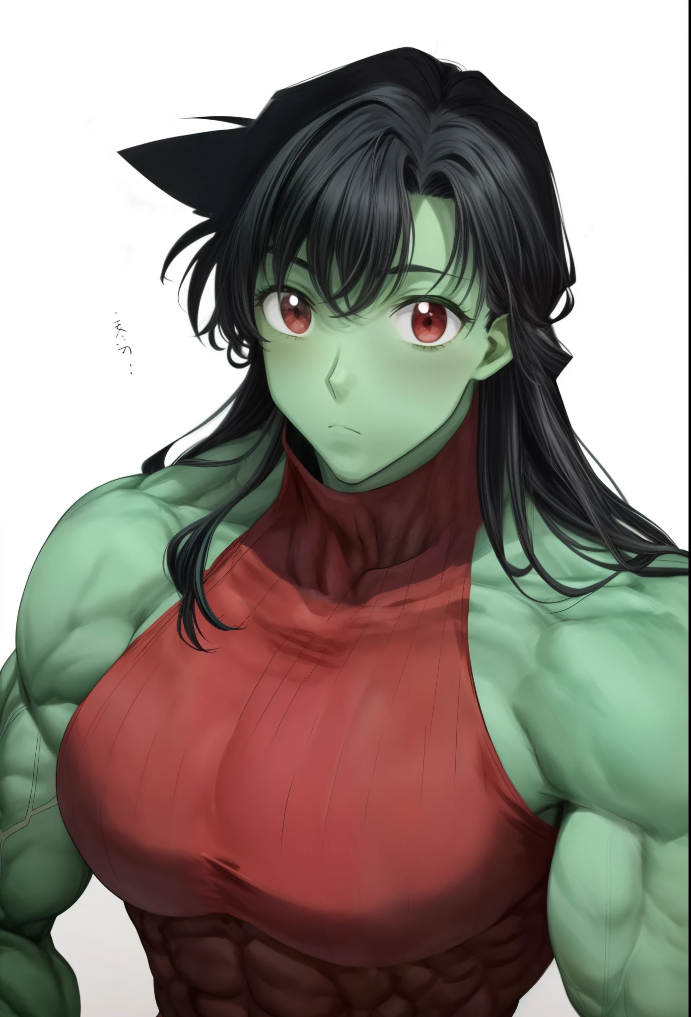  1 girl, black hair ,green skin,muscular female, alternate muscle size,,mouri ran  (meitantei conan) , biceps,muscular shoulder,upper body,thick arm,