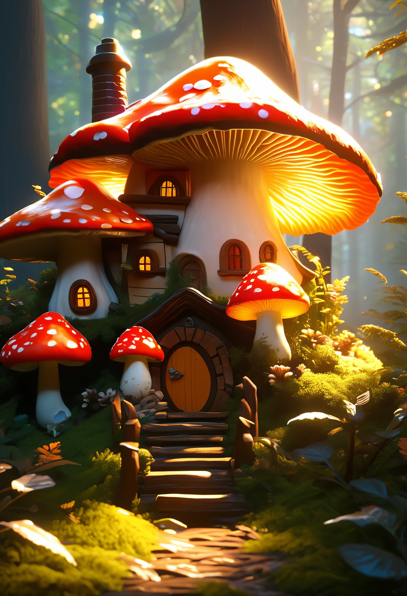 illustration,painting,acrylic painting,Tyndall effect,Tyndall lighting enhancement,Tyndall effect加强,close shot,Cute colorful big mushroom house in dense forest,Sunlight shines through the branches and creates shadows on the roof,Particles floating in the sun,Strong light and dark,Tyndall effect,Tyndall lighting enhancement,Tyndall effect加强,Realistic light rendering,Realistic ray tracing,Realistic light reflections,8k,Super fine,Super realistic,Extreme details,dynamic perspective