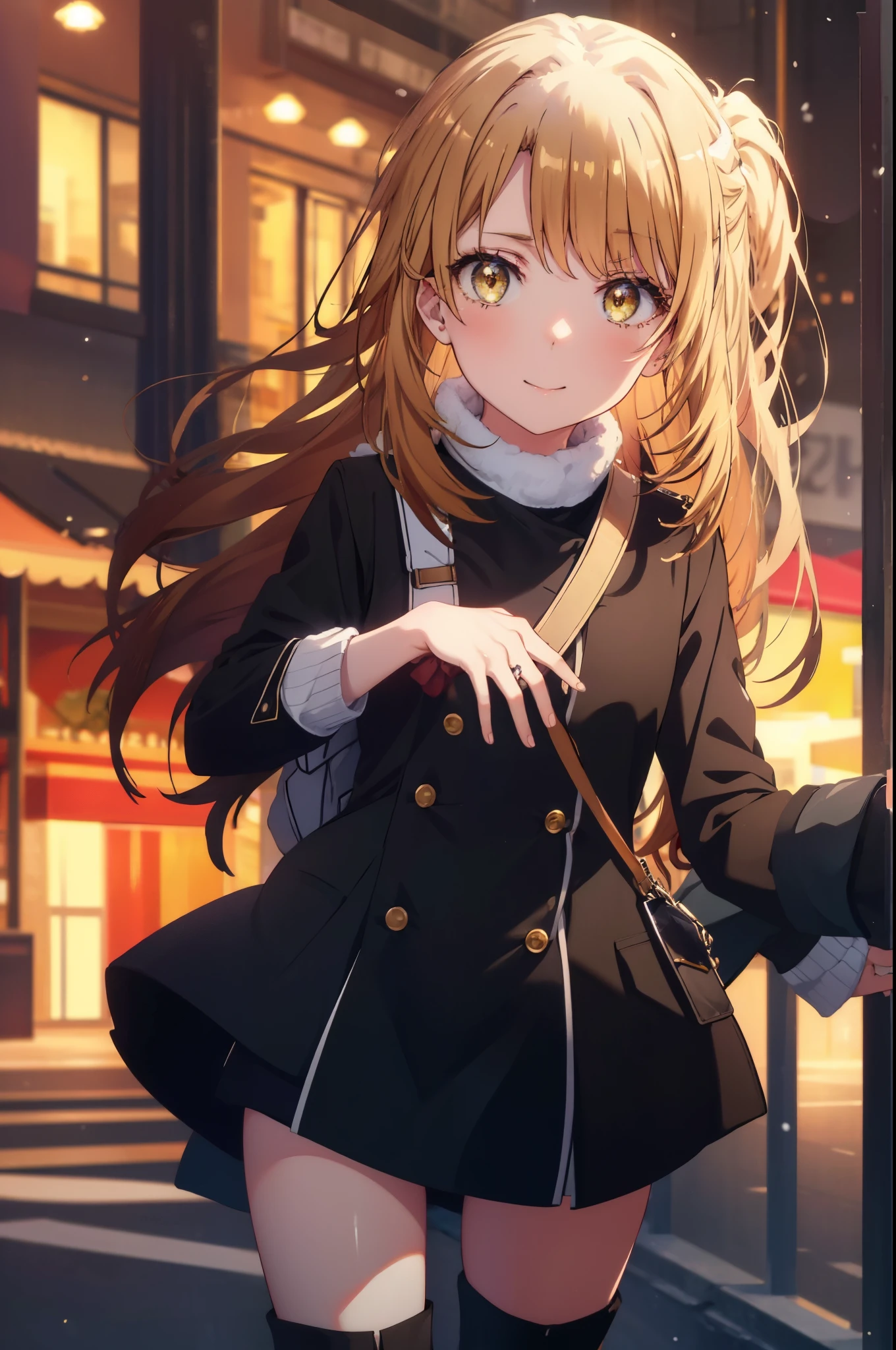 irohaisshiki, Isshiki Iroha, long hair, brown hair, (brown eyes:1.5), smile,blush,yellow long coat,sweater,red muffler,black long skirt,black tights,short boots,winter,that'It's snowing,
break outdoors, city,building street,
break looking at viewer,
break (masterpiece:1.2), highest quality, High resolution, unity 8k wallpaper, (shape:0.8), (beautiful and detailed eyes:1.6), highly detailed face, perfect lighting, Very detailed CG, (perfect hands, perfect anatomy),