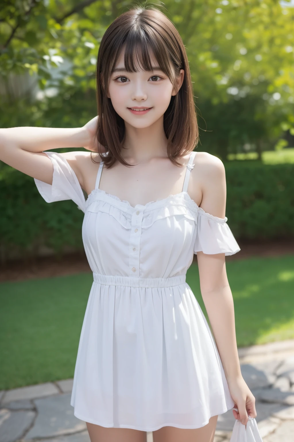 two girls, two girls, pretty girl、14 years old, smile, summer mini dress, thighs, underwear、8k, masterpiece, high detail, high quality, High resolution, 最high quality,