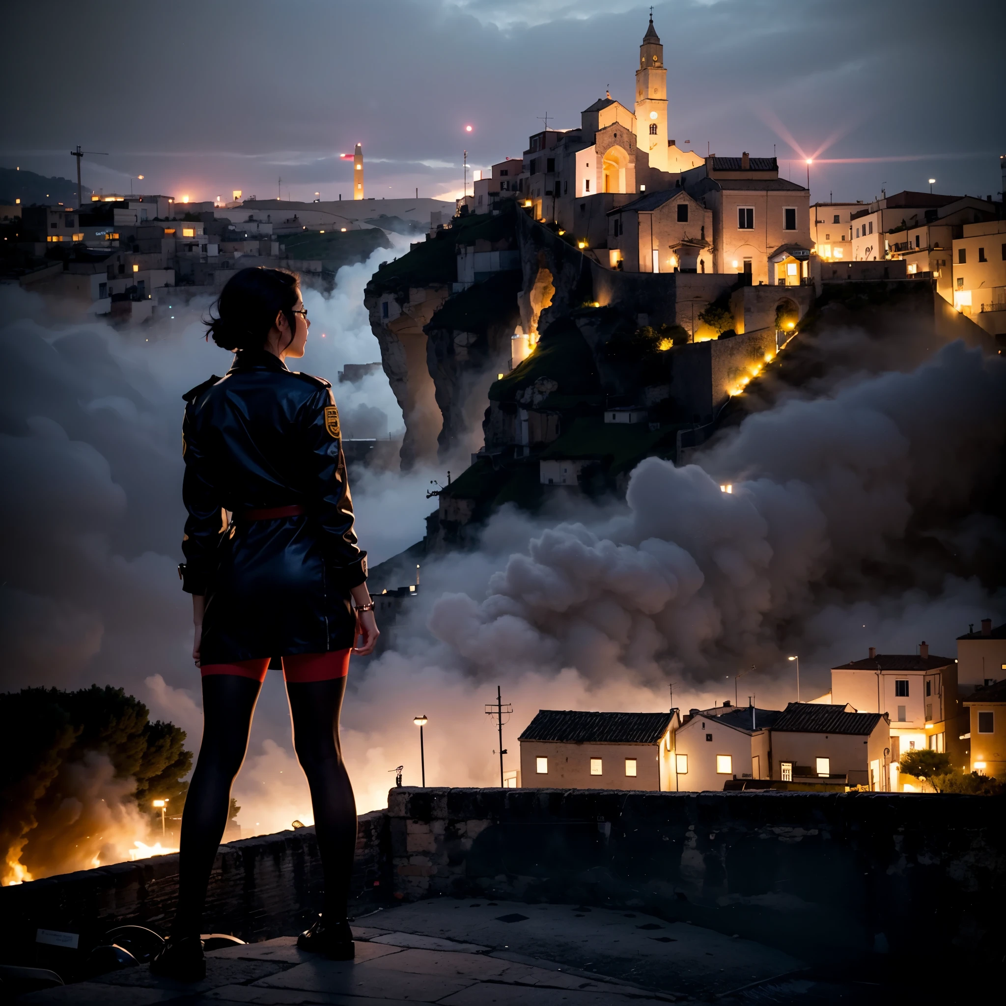 Buxom 22 year old British girl holding a flashlight, the flashligh is on, she is standing on a hill lighting her way she is wearing a flowing white cotton blouse with cleavage wearing tight khaki pants, she is standing in a power pose holding an electric torch, there is a ruin of a castle high up on a hill and there is a storm brewing in the background it is night time.