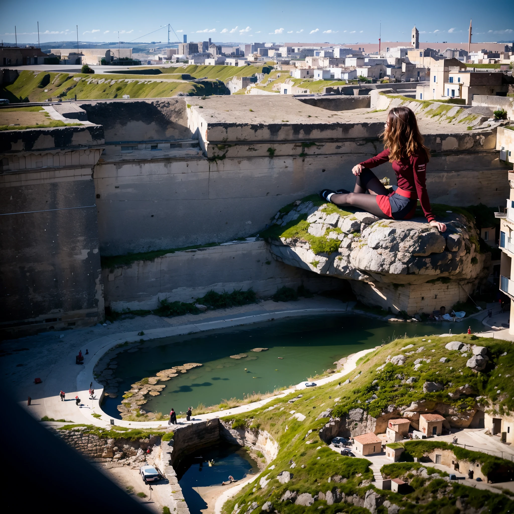 giantess photo, Highly detailed Giantess shot, Giantess stands, short hair, red pantyhose, A woman that is much bigger than a building, a woman that is much bigger than a house, ((sassi_di_matera)), wearing rimless glasses, medium breasts, medium butt, navy uniform, red pantyhose, black shoes, very small town, miniature town, full body description, giga giantess, tiny city, micro matera city, sassi_di_matera, tiny cathedral, tiny streets, tiny roads, (a raised leg ready to crush a microscopic little house), Atmospheric light refraction，Photo by Lee Jeffries，Nikon D850 Film Stock Photo 4 Kodak Portra 400 Camera F1.6 shots，rich colours，hyper realistic lifelike texture，dramatic lighting，unreal engine trending on artstation cinestill 800