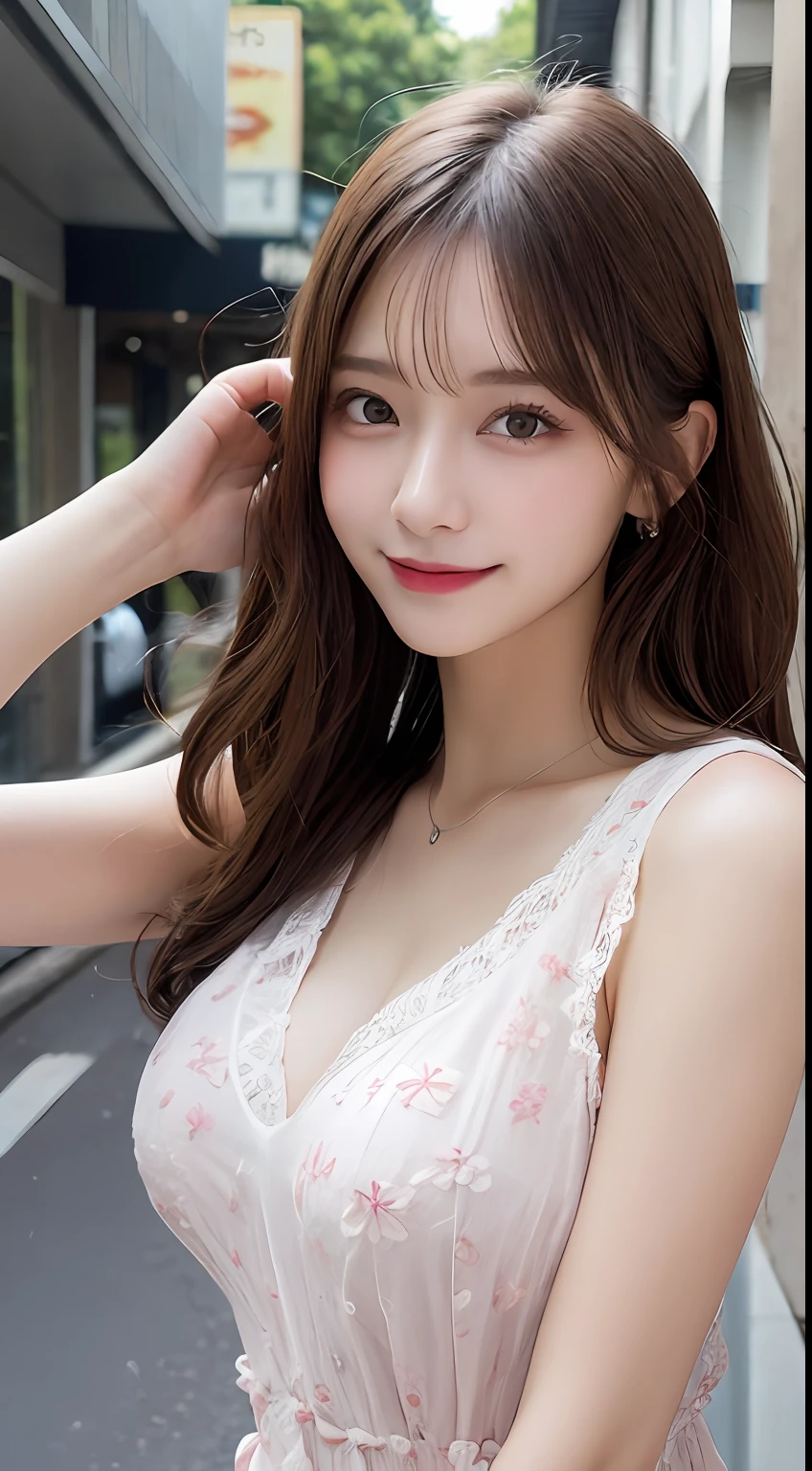 masutepiece, Best Quality, Illustration, Ultra-detailed, finely detail, hight resolution, 8K Wallpaper, Perfect dynamic composition, Beautiful detailed eyes, summer  dress,Medium Hair, Big breasts, Natural Color Lip, Random and sexy poses,Smile,Aoyama Street Walk、20 years girl、Cute