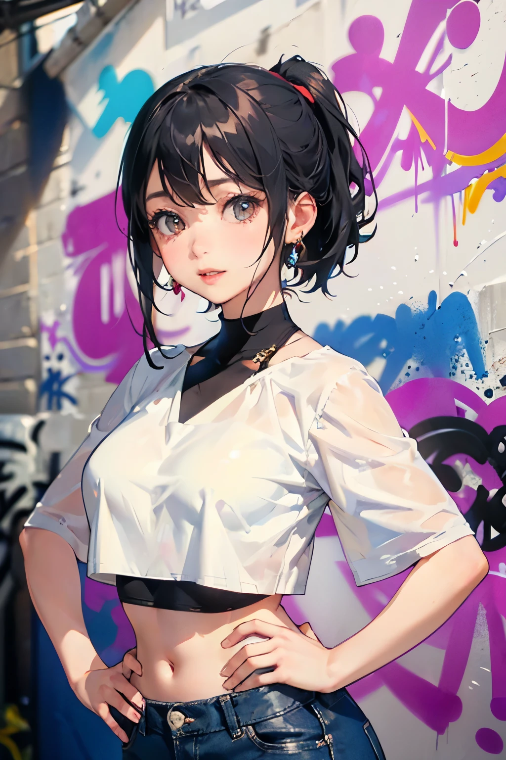 (masterpiece), (portrait), big breasts (aesthetics), ((1 female 21 years old)), Highlight earrings), ((Short hair)), ((Black hair)), Straight hair, Ponytail , eyes wide open , brown eyes, cute, female, woman, feminine, beautiful, female features, top, high quality, aesthetic clothing, professional angle, (rule of thirds), (female), (female), (female), (beautiful), (female features), solo, (attractive Korean), summer, (ink mist), (afternoon), (vibrant light), ((expressive postures)), (hands on hips), ((looking face forward)), ((Energetic)), (Bold make-up), (Big bust), (Confident look), Fair skin tone, (Clothes with hip hop details), (Crop Top), (Denim shorts), (Neckline halter), ((Graffiti Wall Background)), (Medium Shot Shot), beautiful hands, beautiful body, beautiful ears, normal ears, beautiful eyes, bright eyes, beautiful mouth, beautiful lips,