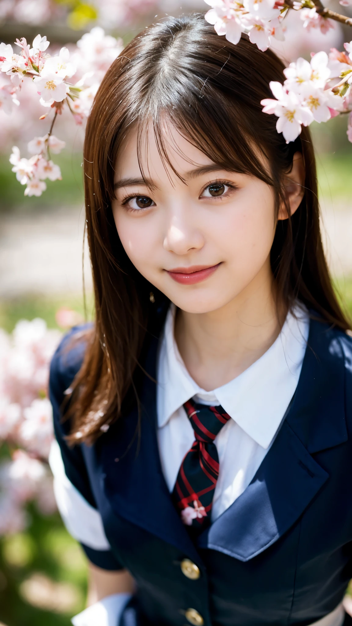 (highest quality,masterpiece:1.3,ultra high resolution),(Super detailed,caustics,8k),(photorealistic:1.4,RAW shooting),1 girl,(smile),(cherry blossomsを見上げる),18-year-old,cute,Japanese,black hair short cut,(school uniform),glamorous,(big ),(face focus),street,cherry blossoms,Natural light,(Lens flare),professional writing,(cowboy shot),(bird's eye view:1.2),(high position:1.4),(high angle:1.4)