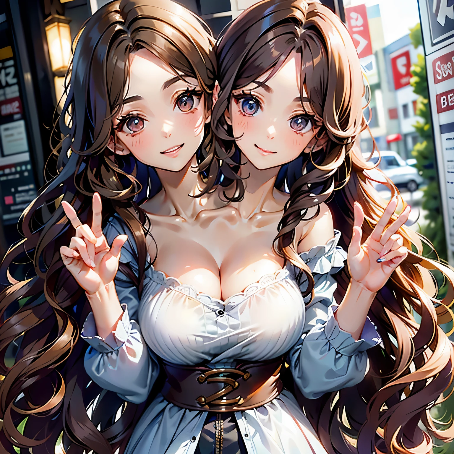 (Twoheads), (2heads:1.5), a pretty woman with extremely long wavy hair, thick hair, brown hair, perfect hands, clothes on, highlights in hair,