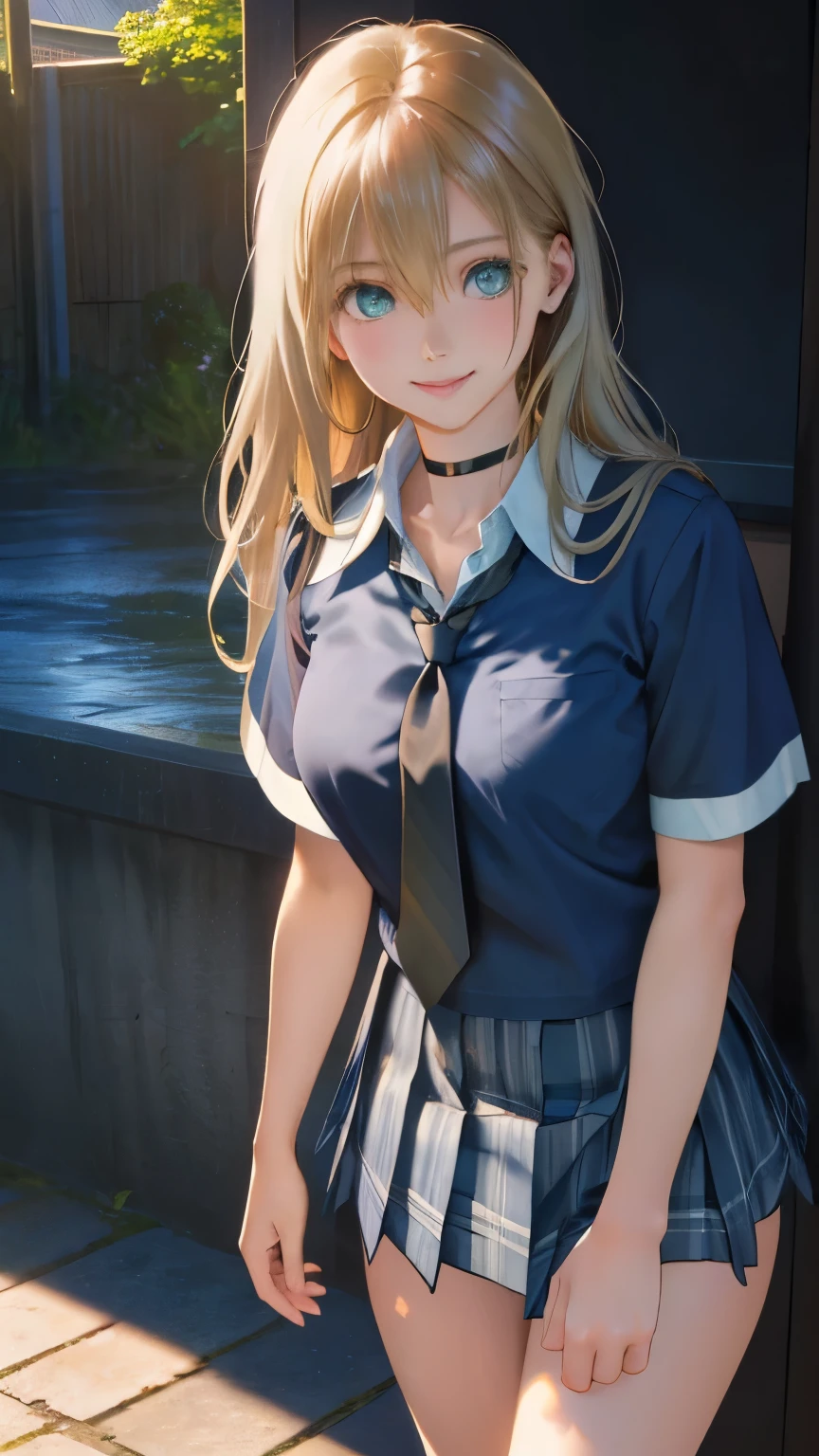 (masterpiece:1.2, top-quality), (realistic, photorealistic:1.4), beautiful illustration, (natural side lighting, movie lighting), 
looking at viewer, full body, 1 girl, japanese, high school girl, perfect face, cute and symmetrical face, suntan, shiny skin, 
(long hair:1.5, straight hair:1.4, blond hair), hair between eyes, emerald green eyes, long eye lasher, (large breasts:0.6), 
beautiful hair, beautiful face, beautiful detailed eyes, beautiful clavicle, beautiful body, beautiful chest, beautiful thigh, beautiful legs, beautiful fingers, 
((collared short sleeve shirt, light blue shirt, school uniform, grey plaid pleated skirt, navy tie), black choker, wrist chakra), light blue panties, 
(beautiful scenery), school, (liftting skirt, standing, open legs), (seductive smile, in heat), 