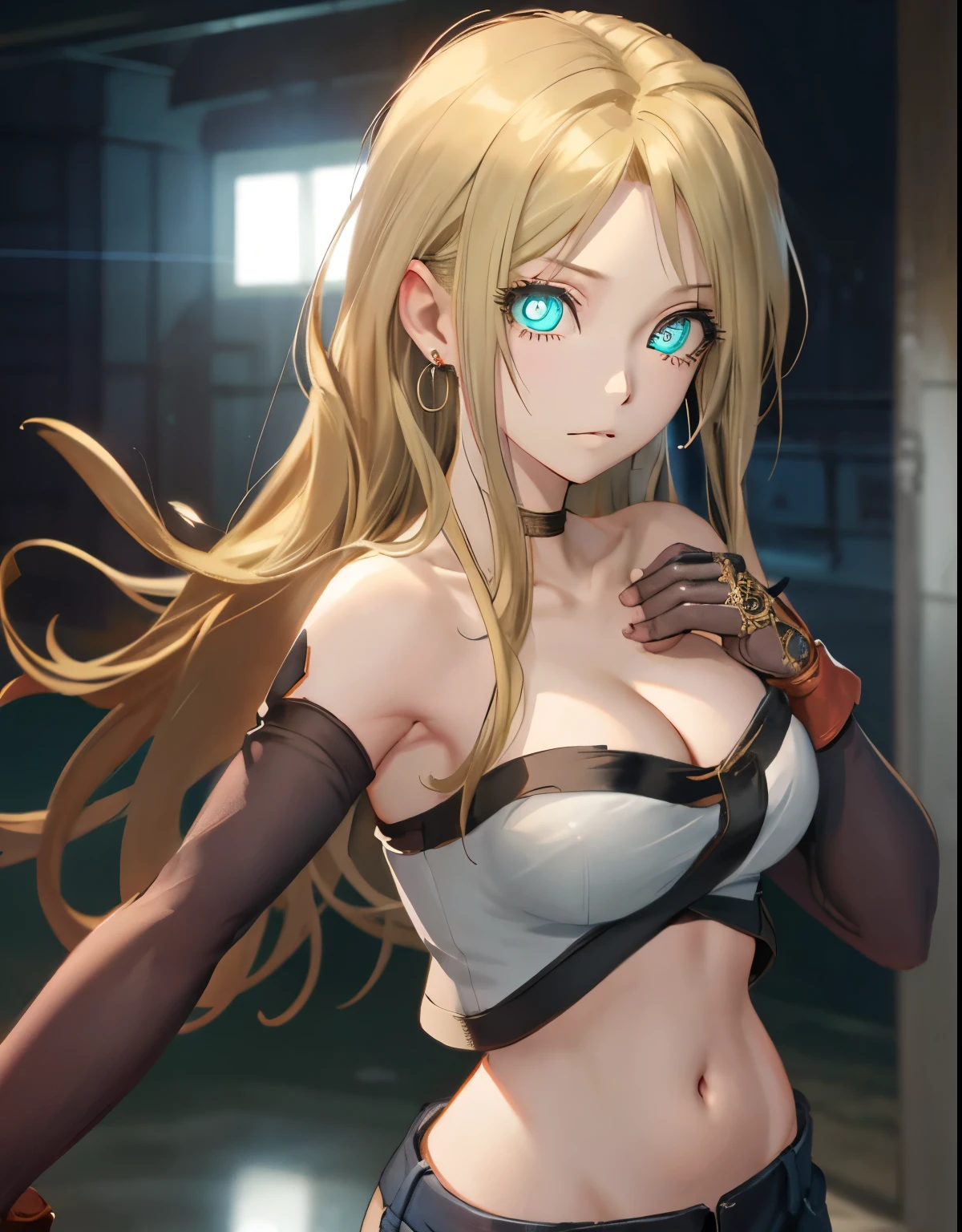 winryrockbell, winry rockbell, Beautiful eyes, blondehair, BREAK gloves, Navel, cleavage, Bare shoulders, clavicle, earrings, Midriff, Pants, Stomach, Bare arms, Strapless, bandana, Bandeau, Tube Top, grey gloves, Break indoors, BREAK looking at viewer, BREAK (masutepiece:1.2), Best Quality, High resolution, Unity 8k壁纸, (Illustration:0.8), (Beautiful detailed eyes:1.6), extra detailed face, Perfect Lighting, extremely details CG, (Perfect hands, Perfect Anatomy),