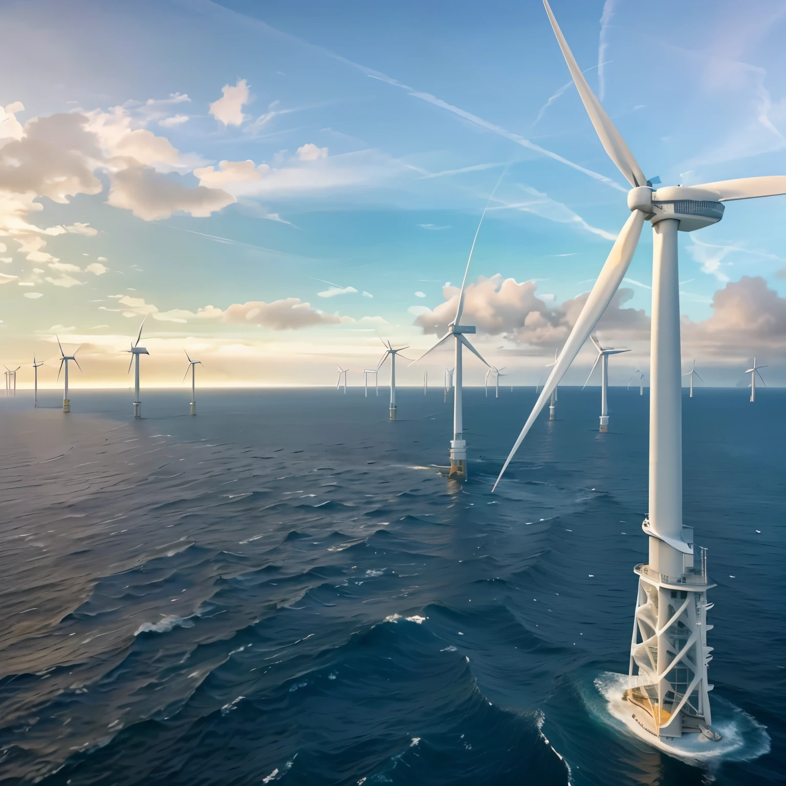 hypermodernism,Offshore wind turbines stand on the sunny sea,Concrete tower based on jacket foundation,Waves crashing on the foundation。Wide-angle lens captures stunning ocean views,Bright sunlight,Create a modern feel。The wind turbine is tall and majestic,Presenting a strong dynamic and energy future