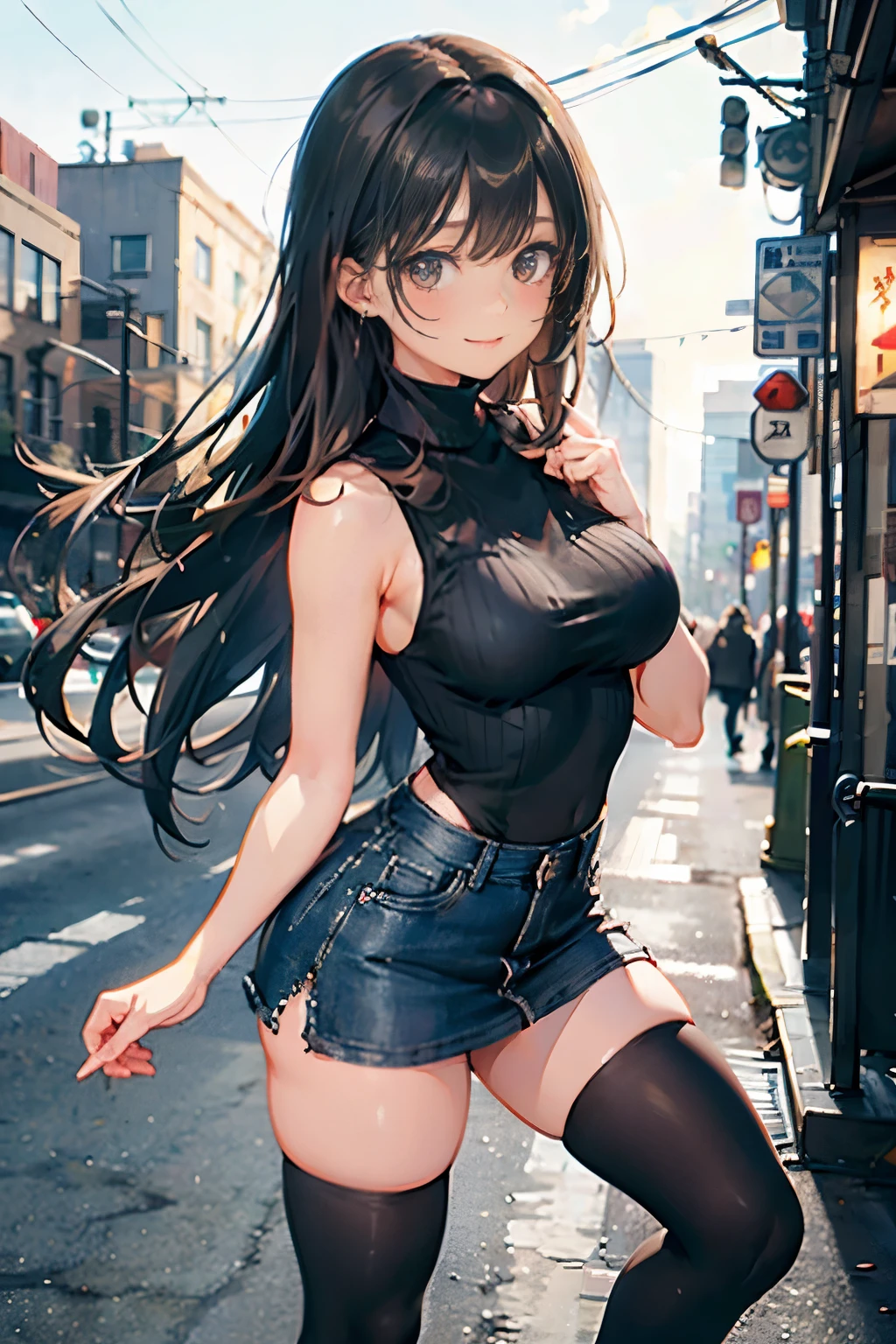 (Black Turtleneck Sleeveless Knit)、Denim Mini Skirt、20 year old girl, breasts of medium size,, Puffy nipple、Forward bends with emphasis on the chest、brown haired、Long Wave Hair,In the city of the city, I look up and look good.、a necklace、Earring、knee high stockings、high-heels ((Very detailed)), Shy smile、(Perfectly detailed face), (Well detailed hands) Photorealistic images、full body seen、emphasis on the buttocks