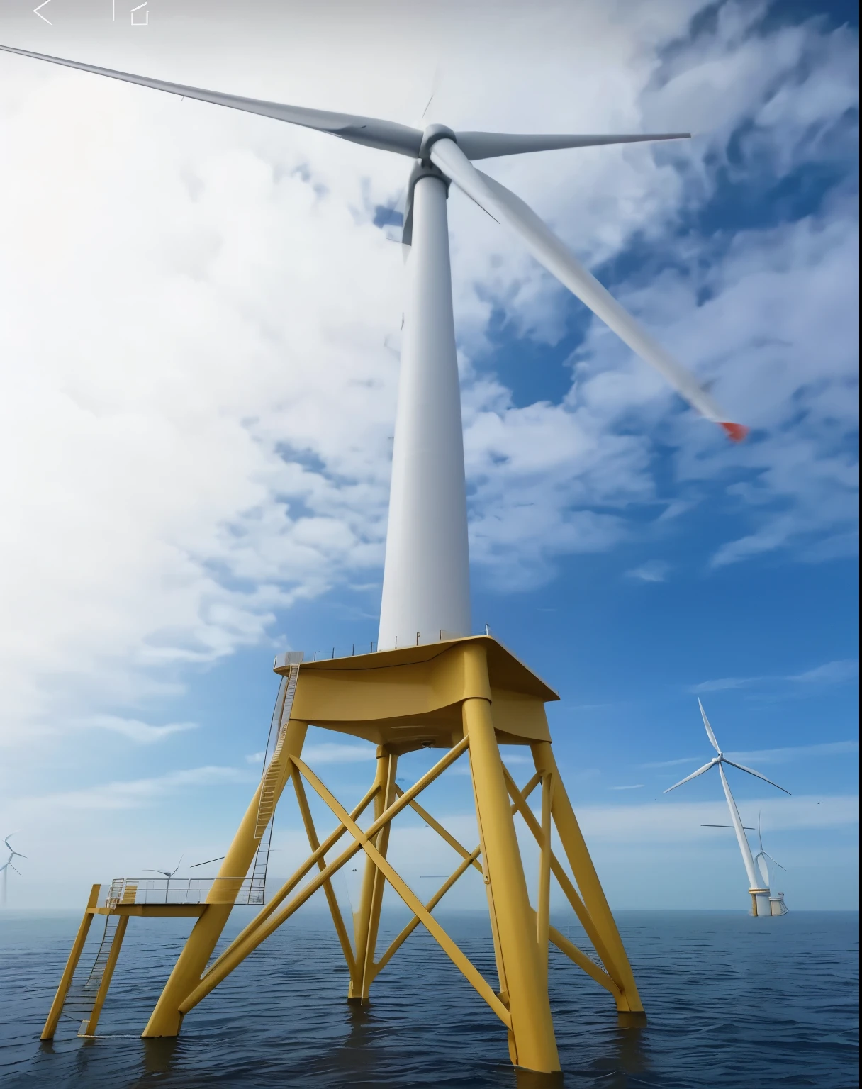水体上风力Turbine的特写, Turbine, windmill的长镜头, wind Turbine, offshore wind, Epic super wide angle, 360 ft wingspan, Shot from below, video, breeze, view from below, windmill, Epic ultra-wide-angle lens,hypermodernism,Sunny sea,Offshore wind power plants tower over the sea,Offshore wind turbines are the foundation of the jacket,Use concrete towers。Lens uses wide angle lens,The distant view shows the magnificent sea view,With bright sunlight,Shows bright colors,Create a modern feel。