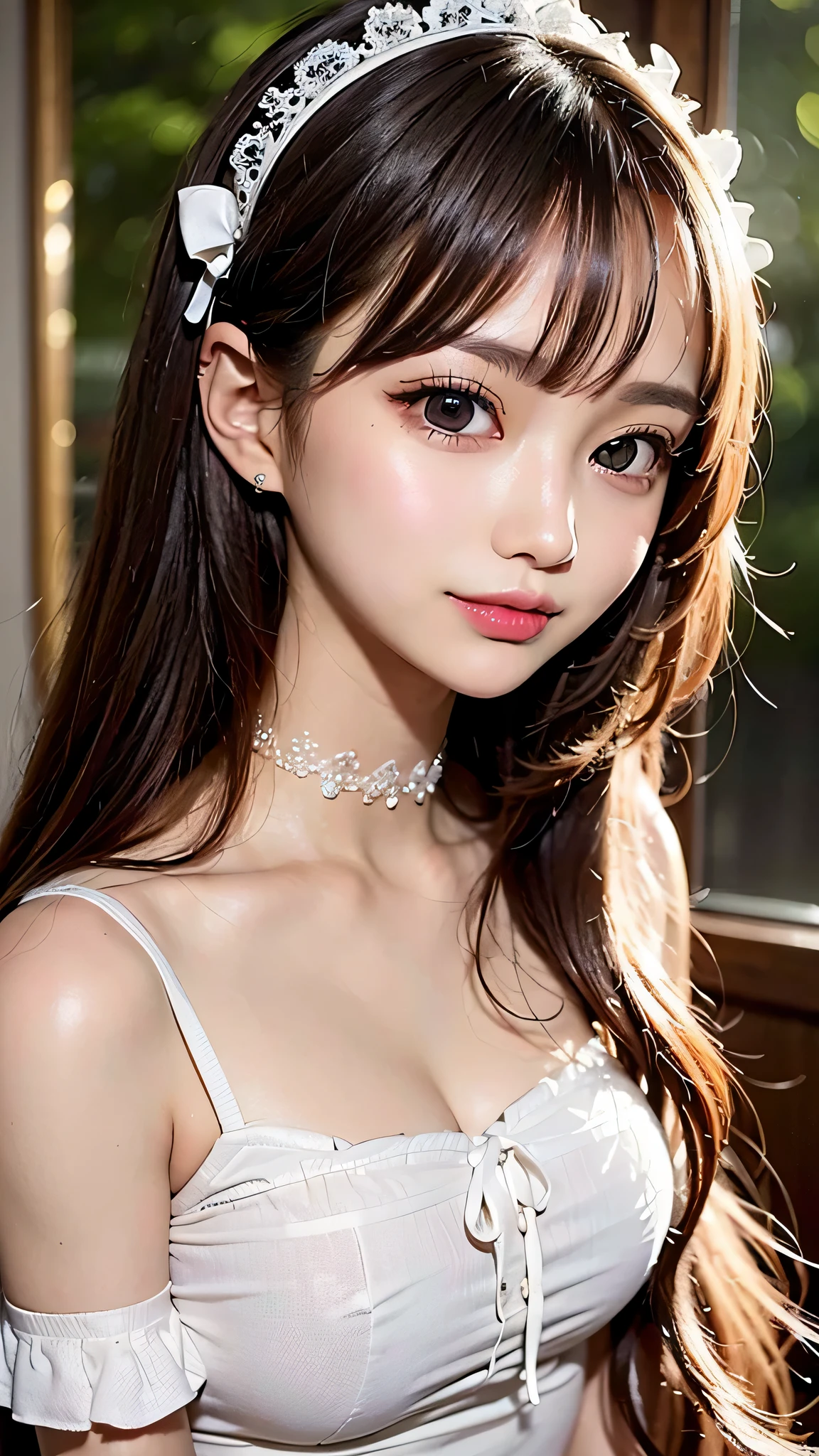 Beautiful white and shining skin、Chestnut hair that changes depending on the light、Long bangs between the eyes that obstruct the view、Cheek gloss highlights、Sexy and very beautiful nice gorgeous face、the most beautiful face in the world、short bob、Smooth straight hair、medium breasts、Big and bright eyey eyes are shining、Beautiful eyes in every detail、eyelash、beautiful double eyelids、beautiful bangs、Beautiful and beautiful woman、small face beauty、headdress、white blouse、black ribbon、ruffle skirt、puff sleeves、collar、choker、white apron with fine frills、black maid costume、Cheek gloss highlights、