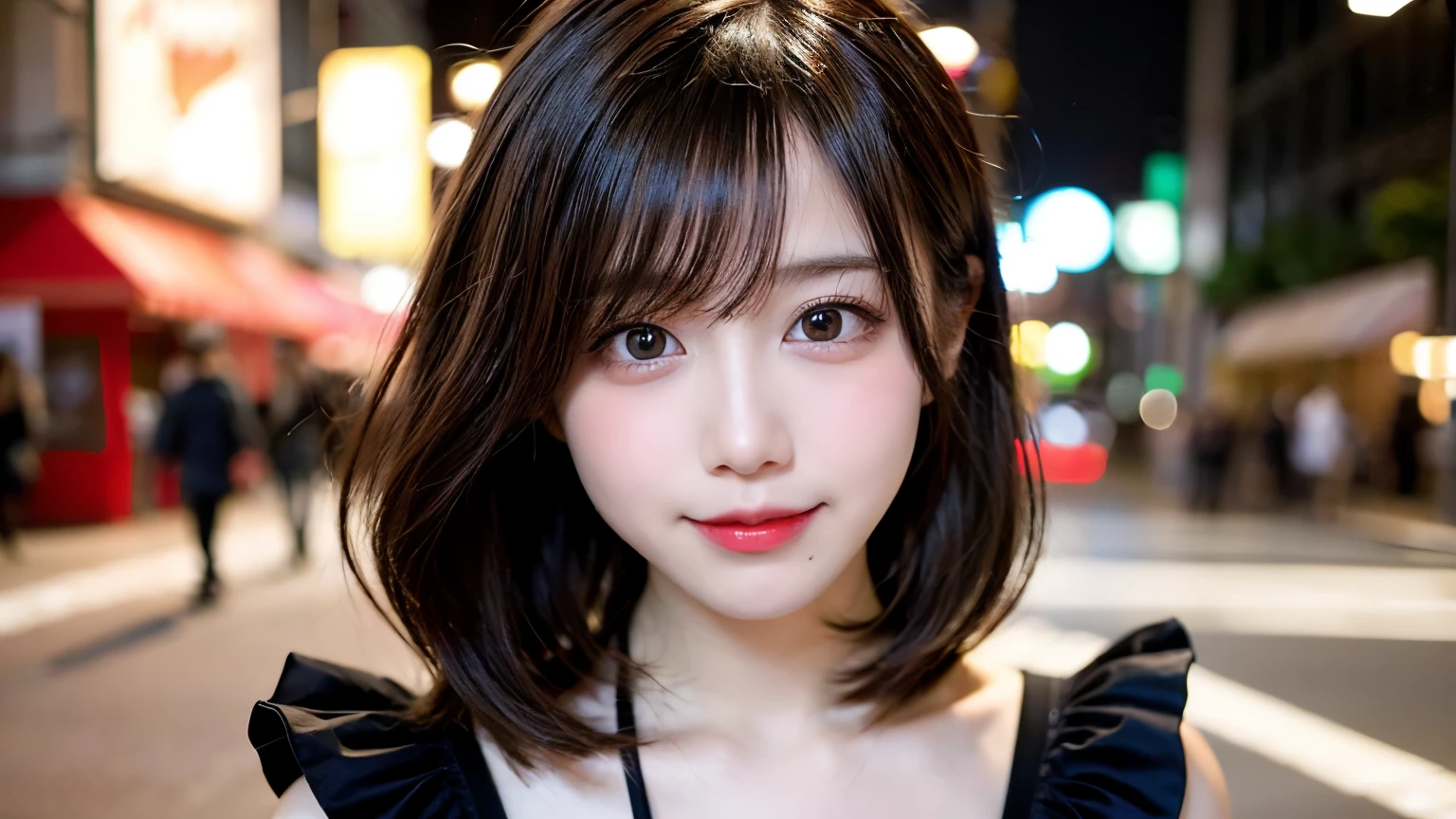 table top, highest quality, shape, Super detailed, finely, High resolution, 8k wallpaper, 完璧なダイナミックな構shape, head straight、finelyて美しい目, wearing a black dress,medium hair,natural color lip, smile,Harajuku、teenage girl、cute、looking at the camera、C cup、brown hair、Blurred night new york background