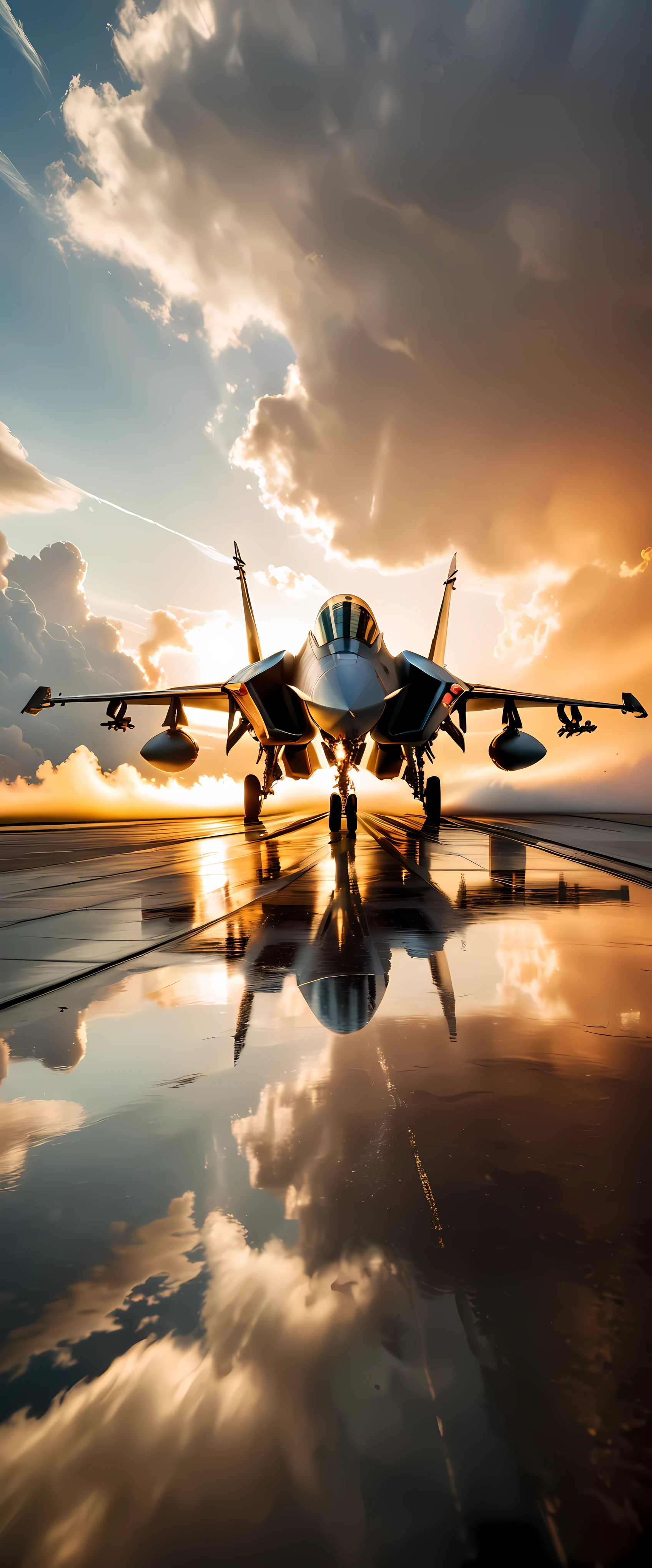 wide shot photo of Modern Fighter Jet, RAW, ((Fighter Jet):1.3), ((Majestic Decal):1.1), ((Tyndall Effect):1.5), ((Sunlight penetrating cloud)1.4), ((Golden Hour):1.2), (finely detailed airplane), (detailed airplane), (flying near clouds) (warm colors), breeze, breeze, reflection, (masterpiece), (perfect aspect ratio), (realistic photo), (best quality), (detailed) photographed on a Canon EOS R5, 50mm lens, F/2.8, HDR, (8k) (wallpaper) (cinematic lighting) (dramatic lighting) (sharp focus) (intricate).