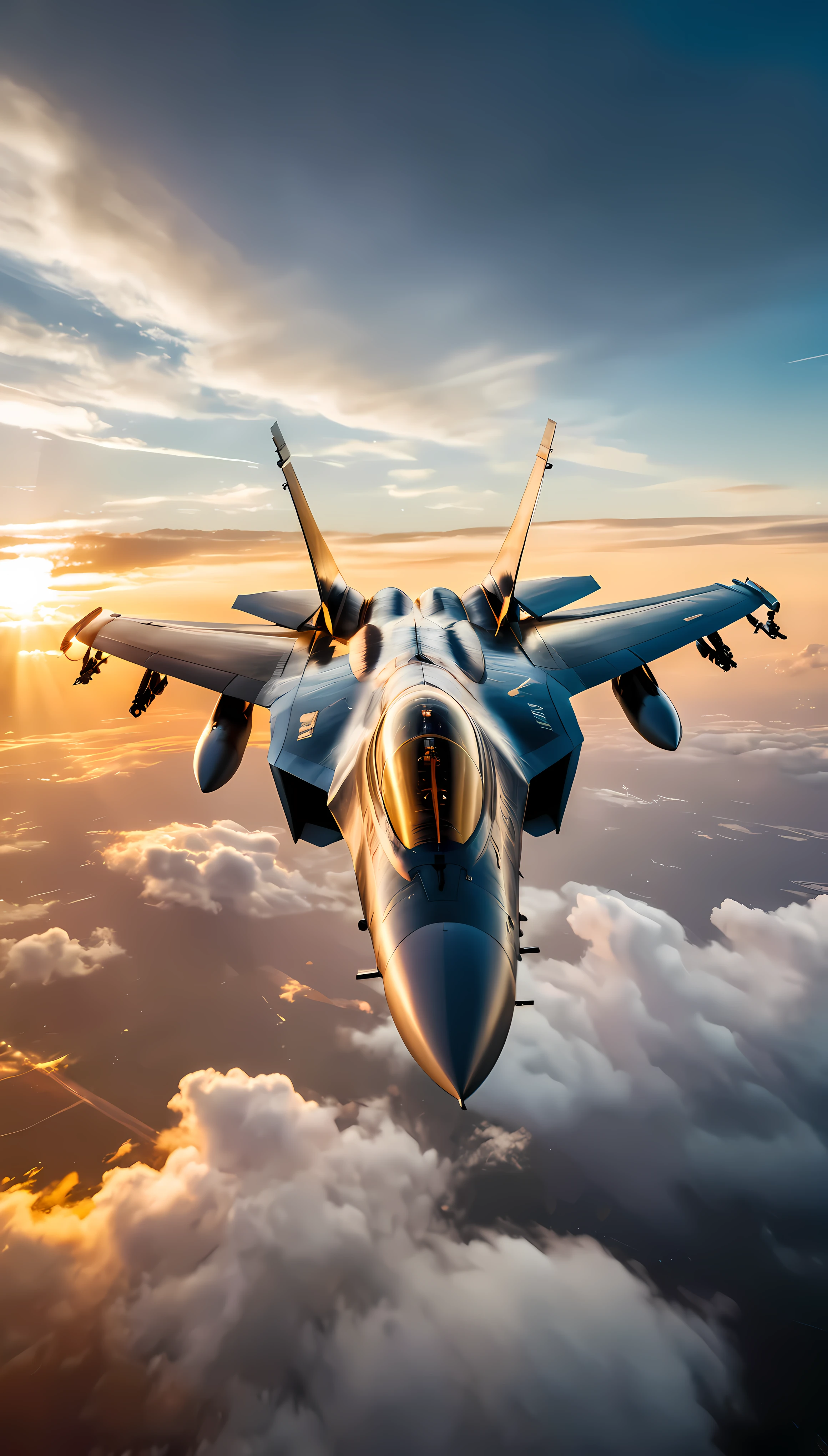 wide shot photo of Modern Fighter Jet, RAW, ((Fighter Jet):1.3), ((Majestic Decal):1.1), ((Tyndall Effect):1.5), ((Sunlight penetrating cloud)1.4), ((Golden Hour):1.2), (finely detailed airplane), (detailed airplane), (flying near clouds) (warm colors), breeze, breeze, reflection, (masterpiece), (perfect aspect ratio), (realistic photo), (best quality), (detailed) photographed on a Canon EOS R5, 50mm lens, F/2.8, HDR, (8k) (wallpaper) (cinematic lighting) (dramatic lighting) (sharp focus) (intricate).