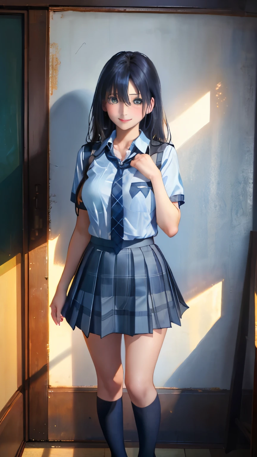 (masterpiece:1.2, top-quality), (realistic, photorealistic:1.4), beautiful illustration, (natural side lighting, movie lighting),
looking at viewer, full body, 1 girl, japanese, high school girl, perfect face, cute and symmetrical face, suntan, shiny skin,
(long hair:1.5, straight hair:1.4, blond hair), hair between eyes, emerald green eyes, long eye lasher, (large breasts:0.6),
beautiful hair, beautiful face, beautiful detailed eyes, beautiful clavicle, beautiful body, beautiful chest, beautiful thigh, beautiful legs, beautiful fingers,
((collared short sleeve shirt, light blue shirt, school uniform, grey plaid pleated skirt, navy tie), black choker, wrist chakra), light blue panties,
(beautiful scenery), school, (liftting skirt, standing, open legs), (seductive smile, in heat),