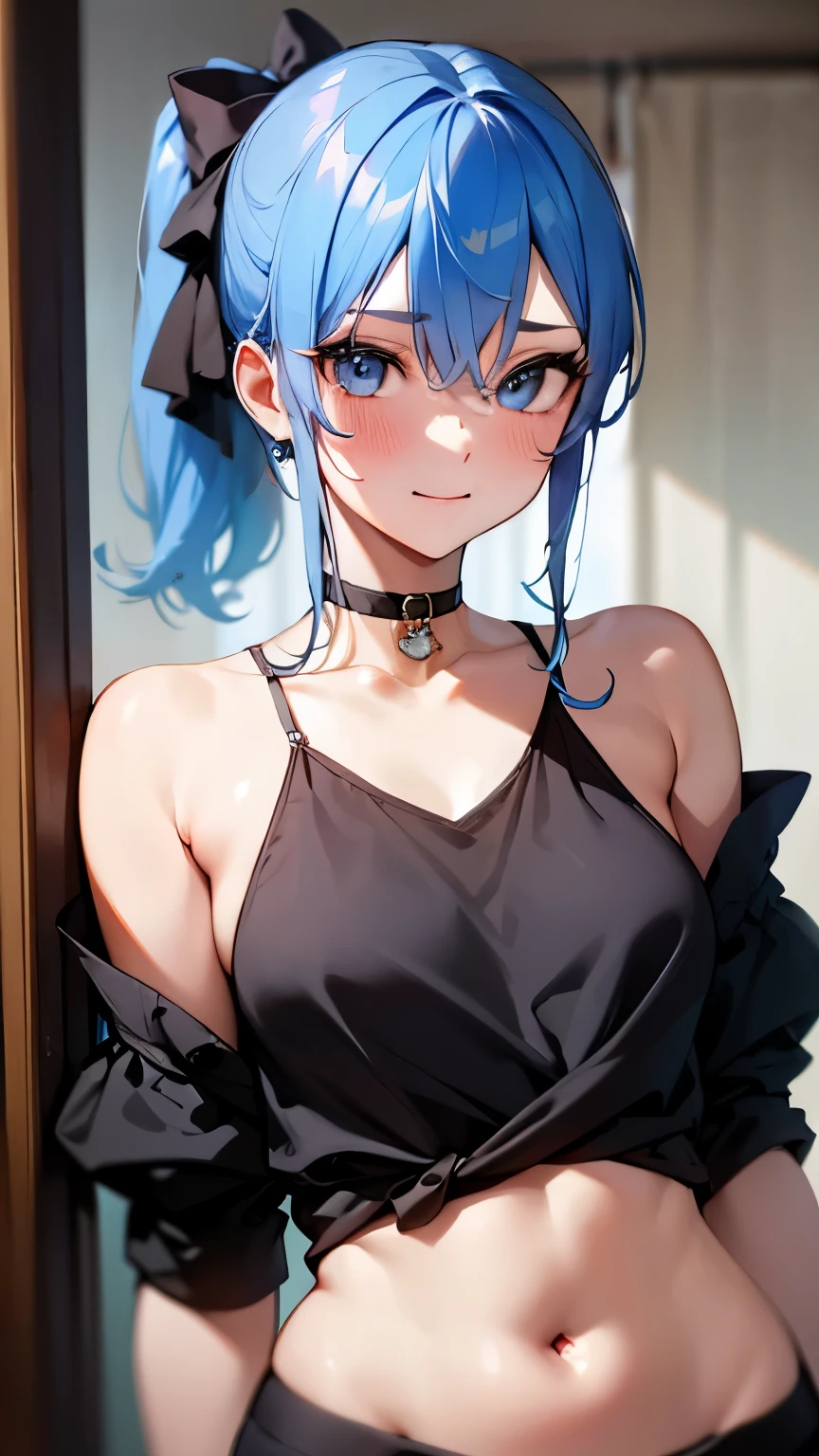 Hoshimachi Suisei,blue eyes,blue hair,choker,hair between eyes,medium hair,side ponytail,スターchoker,small breastasterpiece:1.2), highest quality, High resolution,(detailed and beautiful eyes:1.6),(perfect hands, perfect anatomy),(((masterpiece))),((highest quality)),embarrassed face,blush,shy smile,whole body,cropped shirt,off shoulder,micro mini skirt,Dressing room
