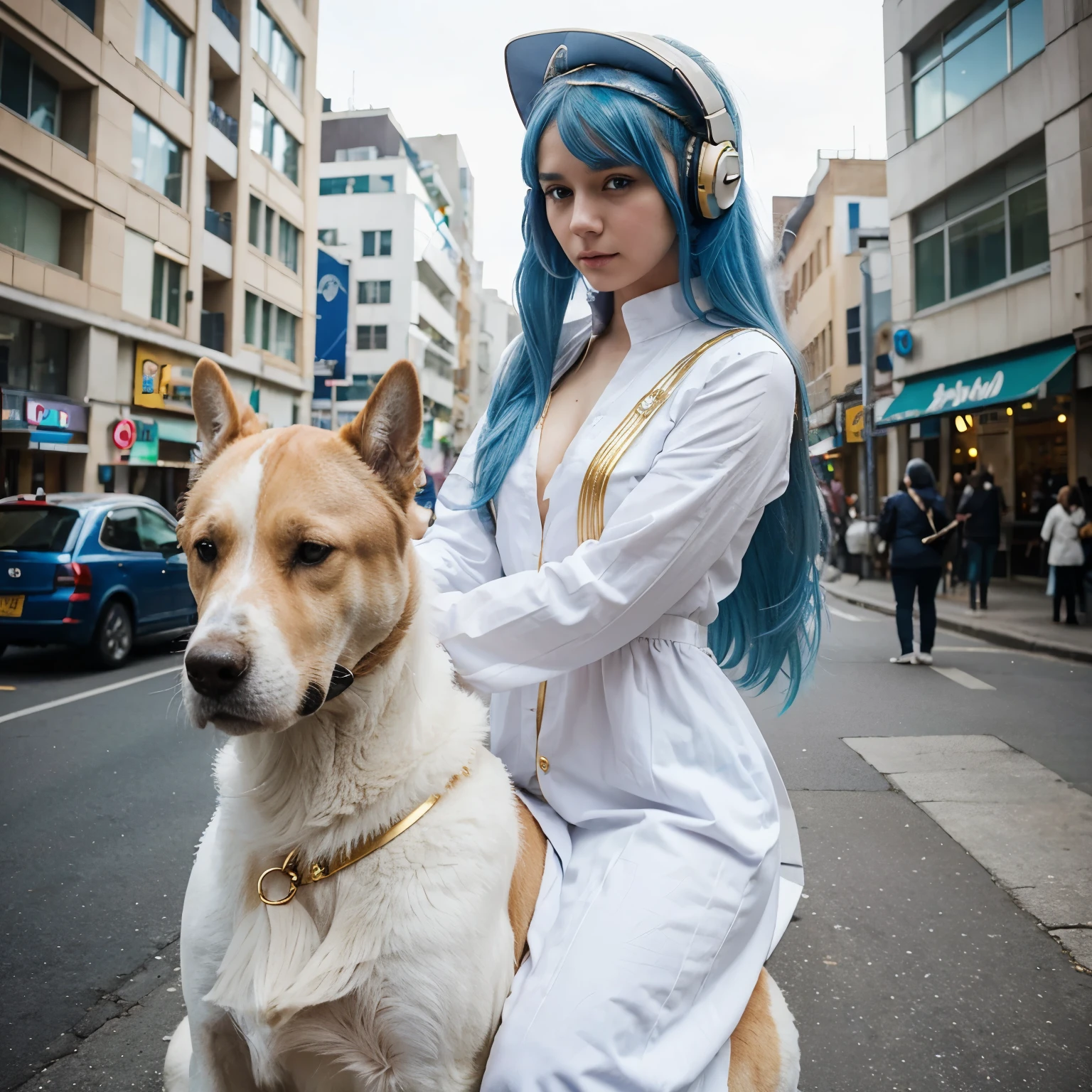 A girl with blue hair and her eyes were more beautiful than anything else, she wore a white dress with gold trim. Her height is 160cm, 35gk, age 12. She is calm and gentle, doesn&#39;t like to show her emotions, and likes to wear triangular headphones. She is also very good at using magic. She traveled all over the city, riding her beloved dog, a large 2m long dog. It is a dog that has the most soft, cuddly, white fur.