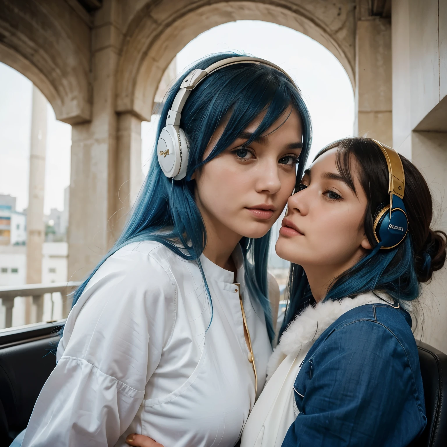 A girl with blue hair and her eyes were more beautiful than anything else, she wore a white dress with gold trim. Her height is 160cm, 35gk, age 12. She is calm and gentle, doesn't like to show her emotions, and likes to wear triangular headphones. She is also very good at using magic. She traveled all over the city, riding her beloved dog, a large 2m long dog. It is a dog that has the most soft, cuddly, white fur.