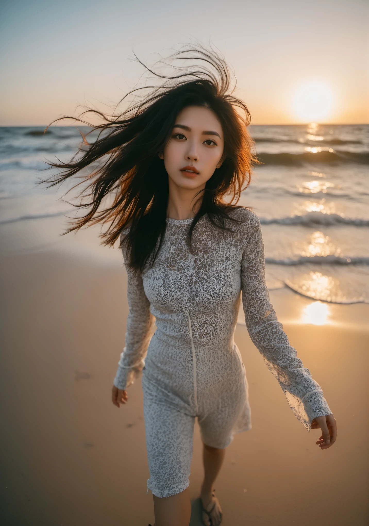 xxmix_girl,Woman taking a fisheye selfie on the beach at sunset, The wind blows through her messy hair. Behind her stretches the ocean, Creates a stunning aesthetic and atmosphere with a rating of 1。.2.
