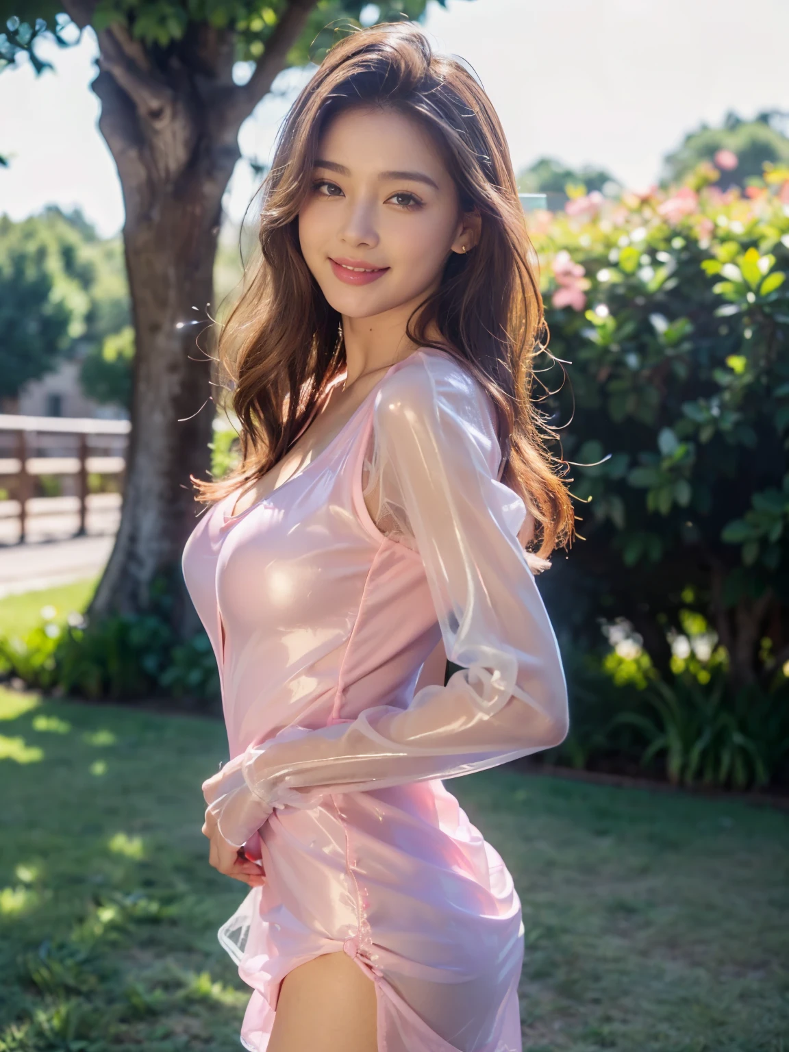 ((((highest quality))))、(((Ultra-precision CG16K wallpaper)))、(((masterpiece)))、(((Super detailed)))、(((super extreme details)))、1people's women、mature woman、25 year old woman、((Japanese face))、((very beautiful face))、((Matsushima vegetables々:1.5))、((Soft wave semi-long hair))、(shiny hair)、bangs up to eyebrows、beautiful brown hair、beautiful delicate eyes、brown eyes、raised eyebrows、high nose、small nostrils、small mouth、seductive lipouth slightly open、beautiful breasts、((C cup size breasts))、cleavage、plump body、perfect proportions、perfect anatomy、perfect composition、beautiful detailed shading、beautiful natural lighting、beautiful detail glow、Depth of the bounds written、soft focus、(((High chroma)))、(((real:1.9)))、((vivid:1.4))、((beautiful skin))、((skin texture))、((realな皮膚感))、(((cowboy shot:1.5)))、((Angle seen from the front:1.5))、((smile:1.3))、(Eyes looking at me:1.5)、blue sky、bright sunshine、(((lawn square:1.3)))、(model pose:1.5)、(((Pink see-through mini dress:1.6)))、