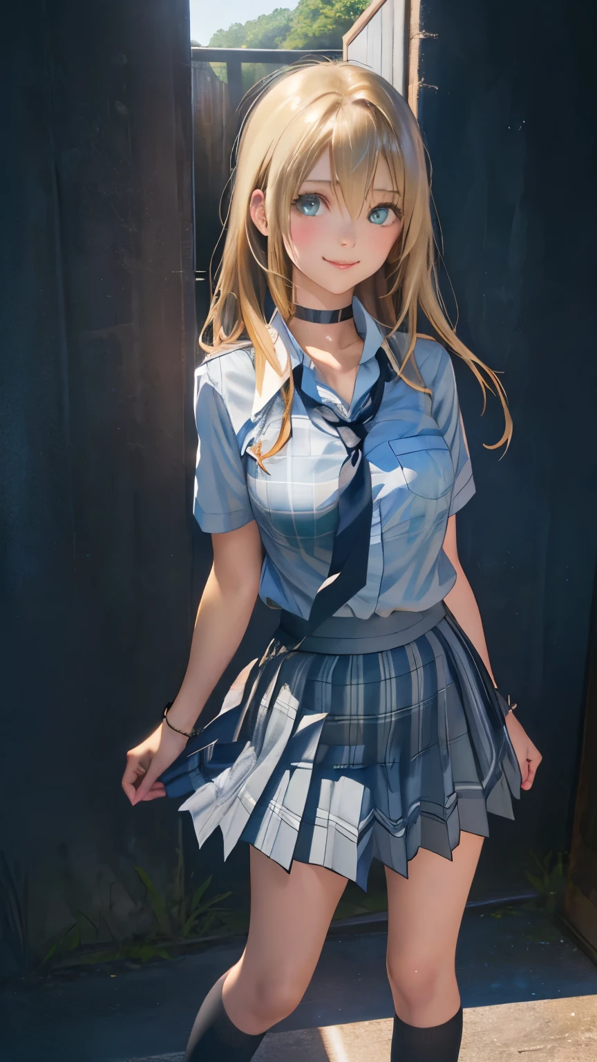 (masterpiece:1.2, top-quality), (realistic, photorealistic:1.4), beautiful illustration, (natural side lighting, movie lighting),
looking at viewer, full body, 1 girl, japanese, high school girl, perfect face, cute and symmetrical face, suntan, shiny skin,
(long hair:1.5, straight hair:1.4, blond hair), hair between eyes, emerald green eyes, long eye lasher, (large breasts:0.6),
beautiful hair, beautiful face, beautiful detailed eyes, beautiful clavicle, beautiful body, beautiful chest, beautiful thigh, beautiful legs, beautiful fingers,
((collared short sleeve shirt, light blue shirt, school uniform, grey plaid pleated skirt, navy tie), black choker, wrist chakra), light blue panties,
(beautiful scenery), school, (liftting skirt, standing, open legs), (seductive smile, in heat),
