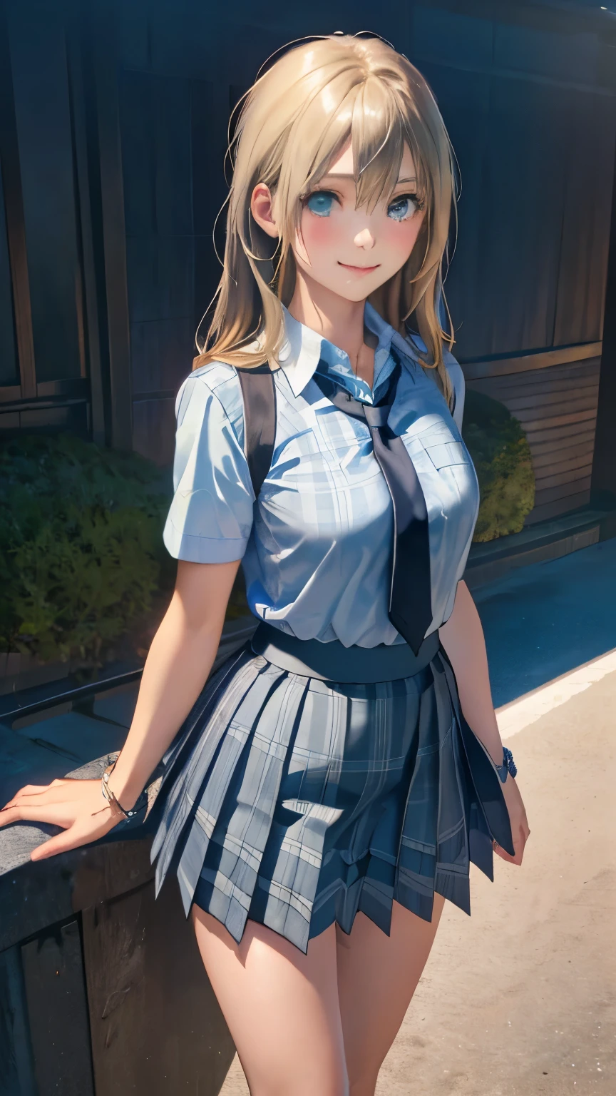 (masterpiece:1.2, top-quality), (realistic, photorealistic:1.4), beautiful illustration, (natural side lighting, movie lighting),
looking at viewer, full body, 1 girl, japanese, high school girl, perfect face, cute and symmetrical face, suntan, shiny skin,
(long hair:1.5, straight hair:1.4, blond hair), hair between eyes, emerald green eyes, long eye lasher, (large breasts:0.6),
beautiful hair, beautiful face, beautiful detailed eyes, beautiful clavicle, beautiful body, beautiful chest, beautiful thigh, beautiful legs, beautiful fingers,
((collared short sleeve shirt, light blue shirt, school uniform, grey plaid pleated skirt, navy tie), black choker, wrist chakra), light blue panties,
(beautiful scenery), school, (liftting skirt, standing, open legs), (seductive smile, in heat),