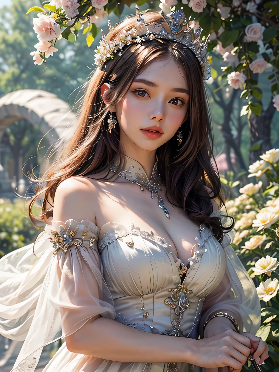 (A girl wearing a crown made of flowers in full bloom, approaching flowers,Embodying the harmony between nature and human creativity,high detail,  hyper hd, highest quality，works of art，expensive、expensive品質，8k