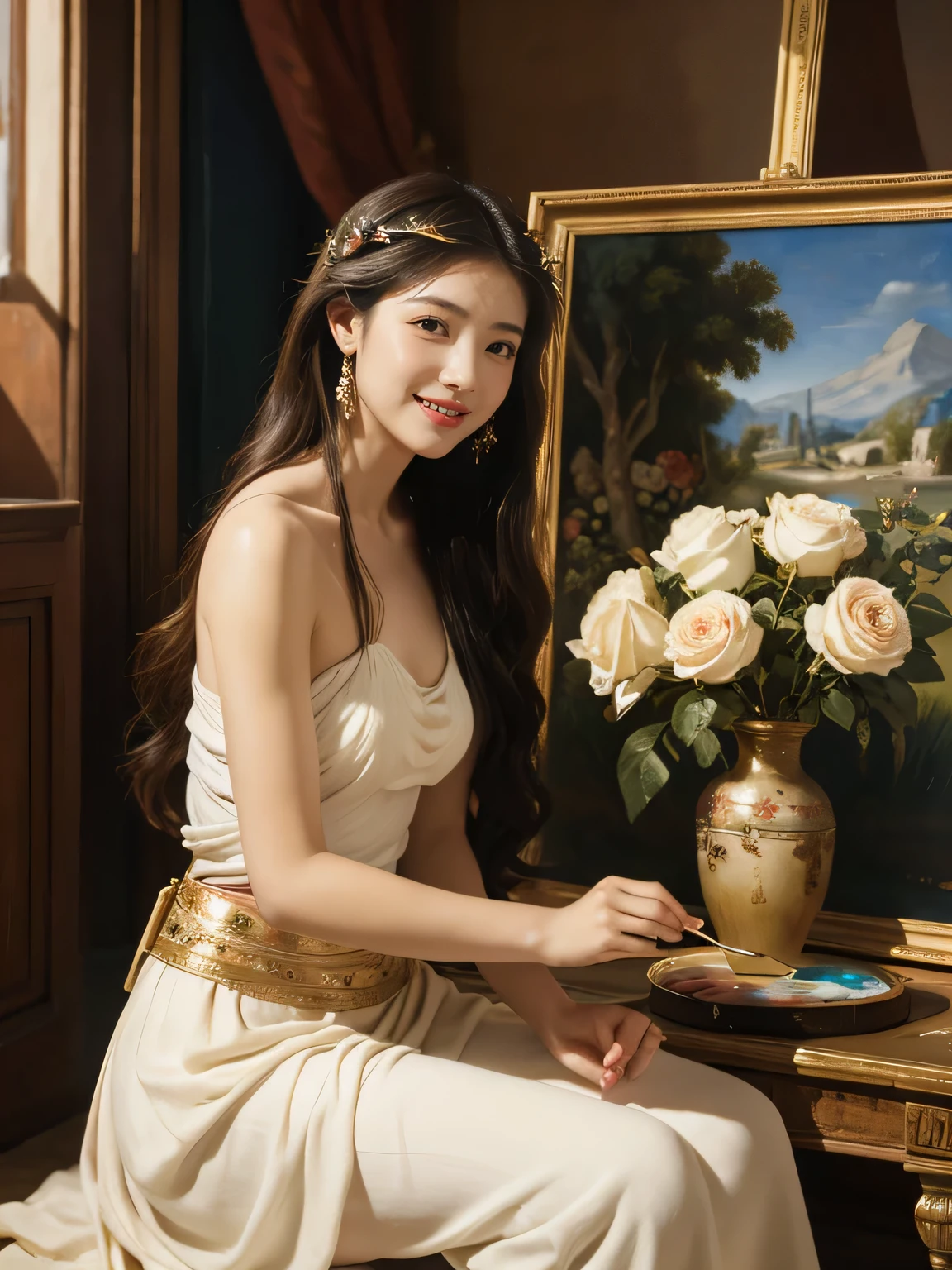 Giorgione painting style,roses in vase、fruits、Cute trinkets、smile、ancient greek costume、Clothes that stretch your shoulders、A big smile、beautiful bare skin,Female painter painting oil in her studio,Woman painting in oil with oil brush and palette