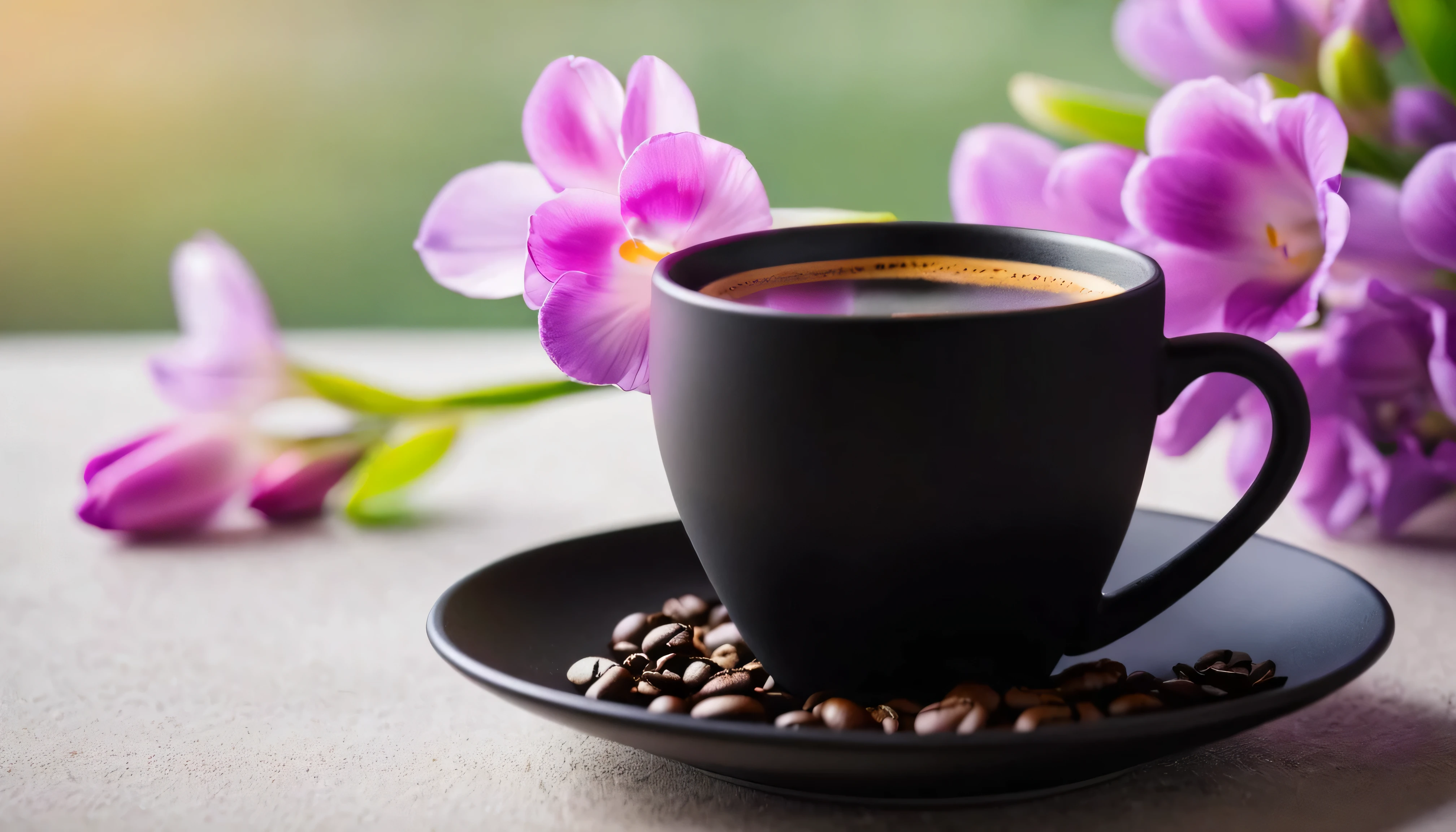 there is a a cup of coffee on a saucer with a flower in the background, (( Black frosted ceramic coffee cup:1.7)), photos taken, Pixel, romanticism, morning coffee, morning time, a cup of coffee, portrait of morning coffee, coffee smell, nice picture, Coffee beans and pink purple freesia on white.Flower Room, bokeh background.Morning mood, soft morning light, spring morning, Good morning