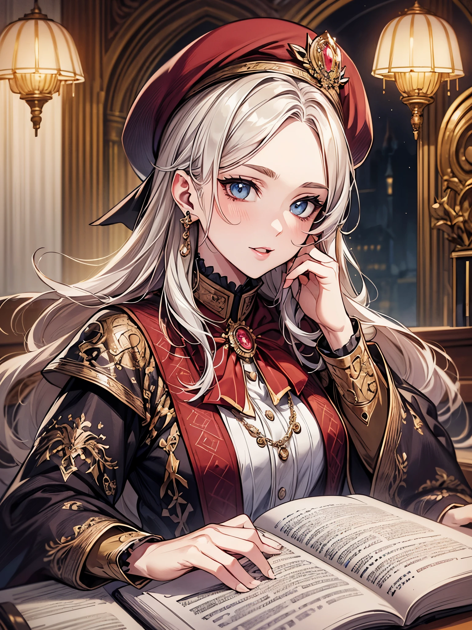 ((highest quality)),(ultra high resolution),(Super detailed),(detailed description),((best CG)),(best work of art),super precision art,amazing drawing art,(Fantasy art with precise details:1.5), (Female Scholar:1.5),(beautiful and well-shaped face:1.6),monocle:1.5,(Intricately detailed robe:1.5),(carefully groomed hair:1.4),(beret:1.2), A bookshelf containing countless ancient documents,A magic lantern that lights up the hall