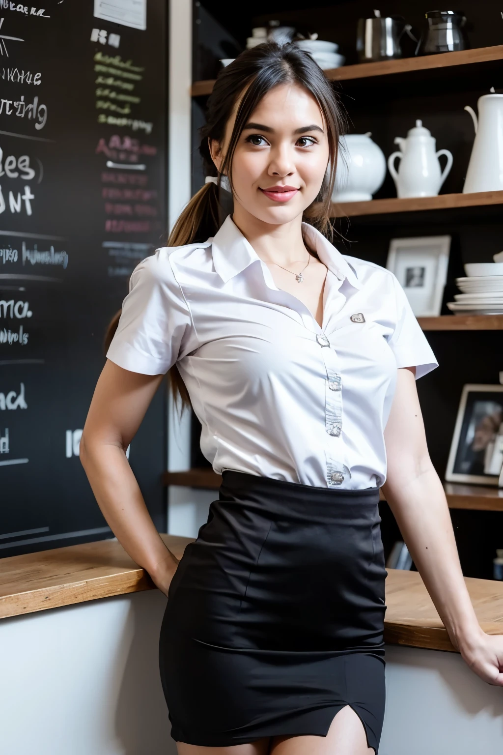 A photo of a young, nerdy woman standing in café shop, wearing student uniform a white shirt and a bow, surrounded by a cozy atmosphere, looking at the viewer. Ponytail hair set, slender, transparent fabric, flirting with the camera