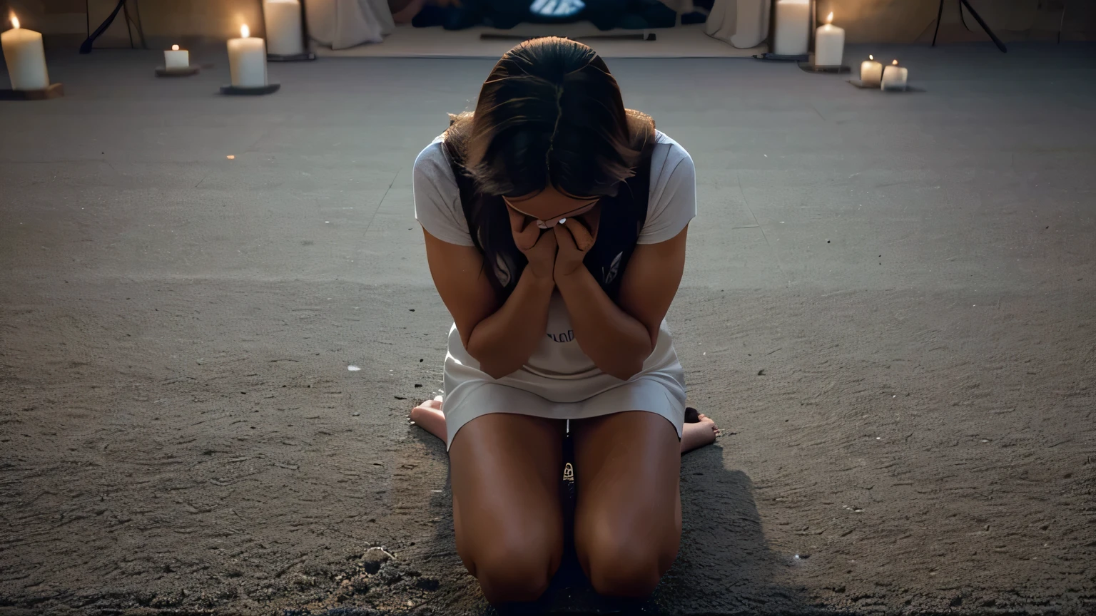 "Create an inspiring and moving video, capturing the moment a person performs a powerful prayer on their knees before the image of Jesus Christ. Destaque a intensidade do momento, conveying emotion and faith. Share messages of hope and reflections on the importance of spirituality in everyday life."