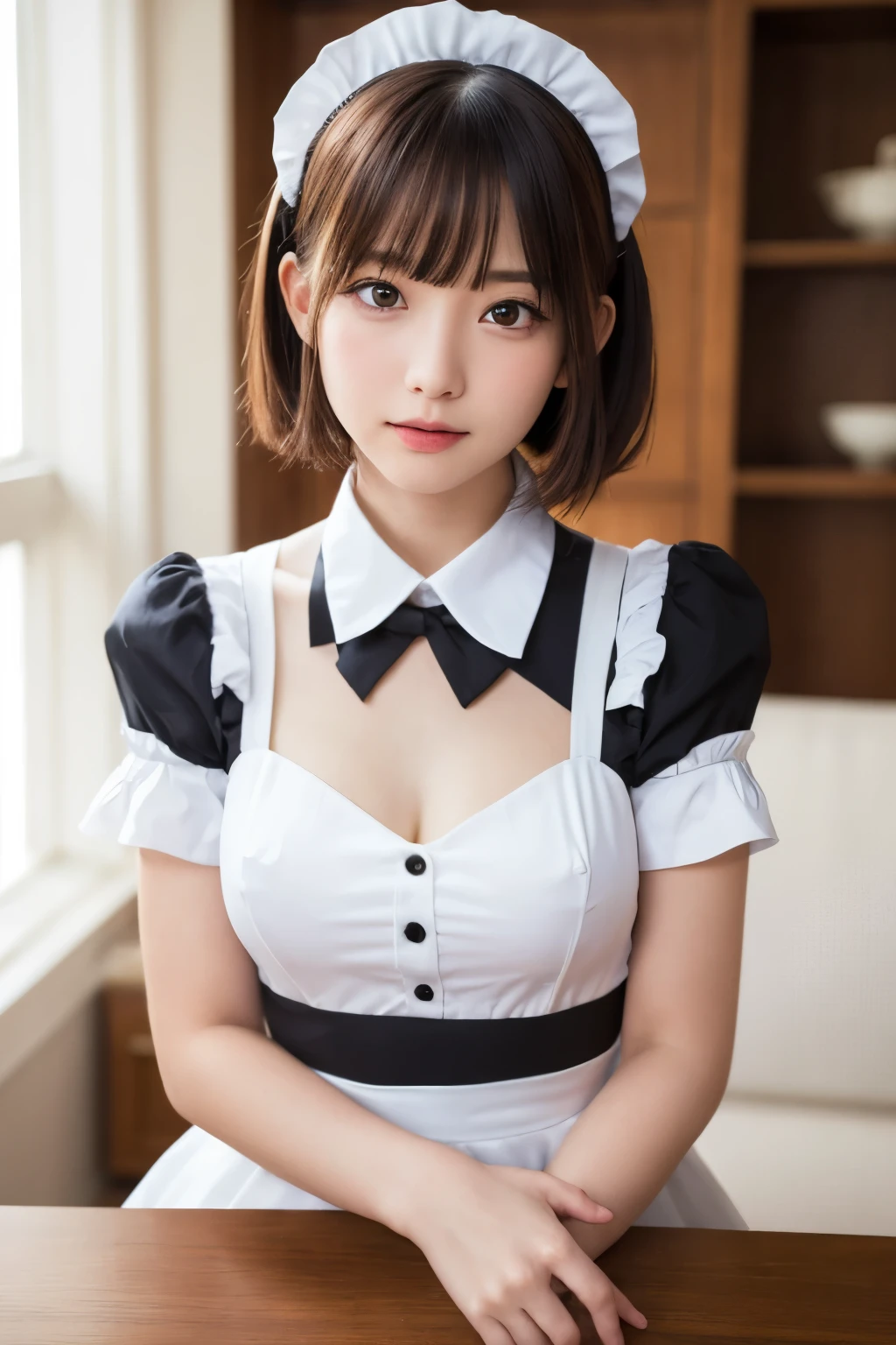 table top, highest quality, one girl, (beautiful girl:1.3), (16 years old:1.2), extremely fine-grained clarity, (symmetrical eyes:1.3), (maid costume, Cute Maid:1.2), beautiful breasts, brown eyes, parted bangs, brown hair