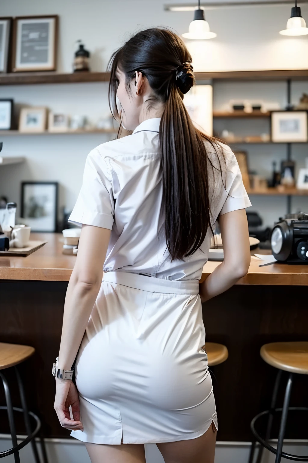 A photo back view of a young, nerdy woman standing in café shop, wearing student uniform a white shirt and a bow, surrounded by a cozy atmosphere, looking at the viewer. Ponytail hair set, slender, transparent fabric, flirting with the camera