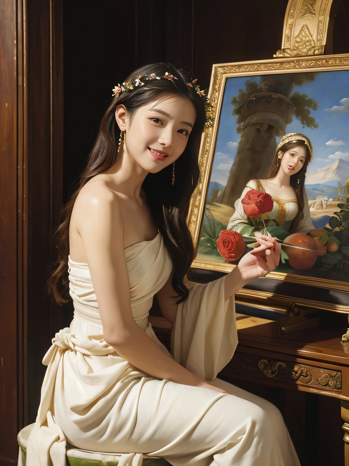 Giorgione painting style,roses in vase、fruits、Cute trinkets、smile、ancient greek costume、Clothes that stretch your shoulders、A big smile、beautiful bare skin,Female painter painting oil in her studio,Woman painting in oil with oil brush and palette,Woman painting oil on canvas