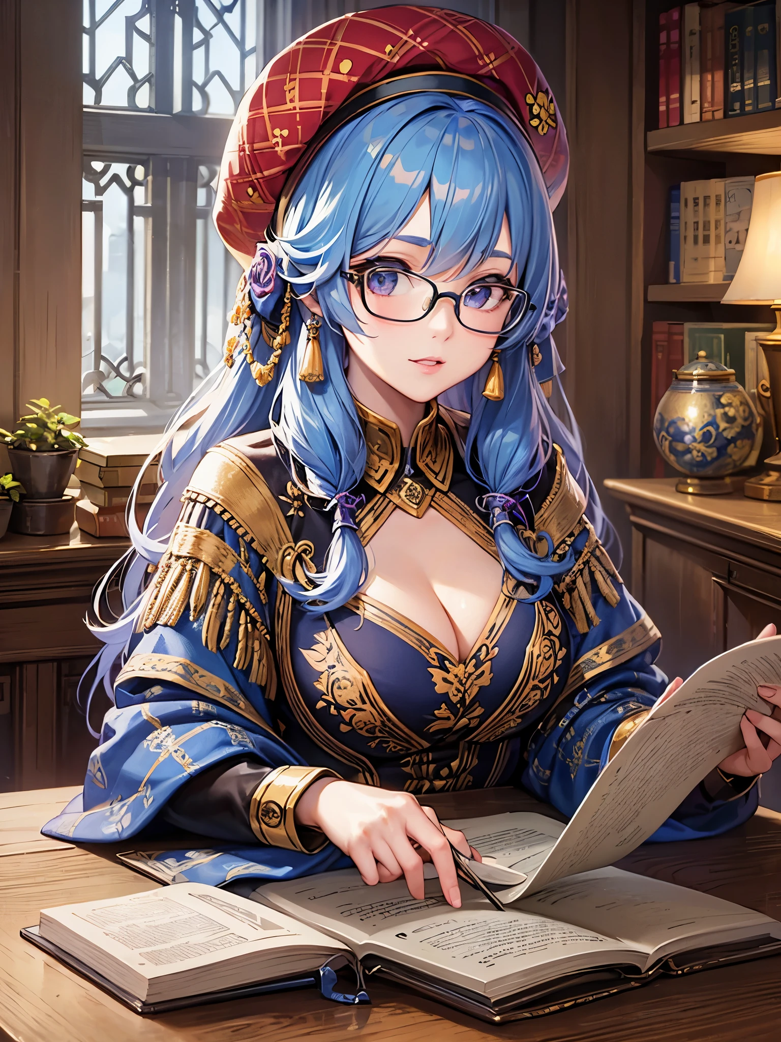 ((highest quality)),(ultra high resolution),(Super detailed),(detailed description),((best CG)),(best work of art),super precision art,amazing drawing art,(Fantasy art with precise details:1.5), (Female Scholar:1.5),(beautiful and well-shaped face:1.6),glasses:1.5,(Intricately detailed robe:1.5),(carefully groomed hair:1.4),(beret:1.2), A bookshelf containing countless ancient documents,A magic lantern that lights up the hall