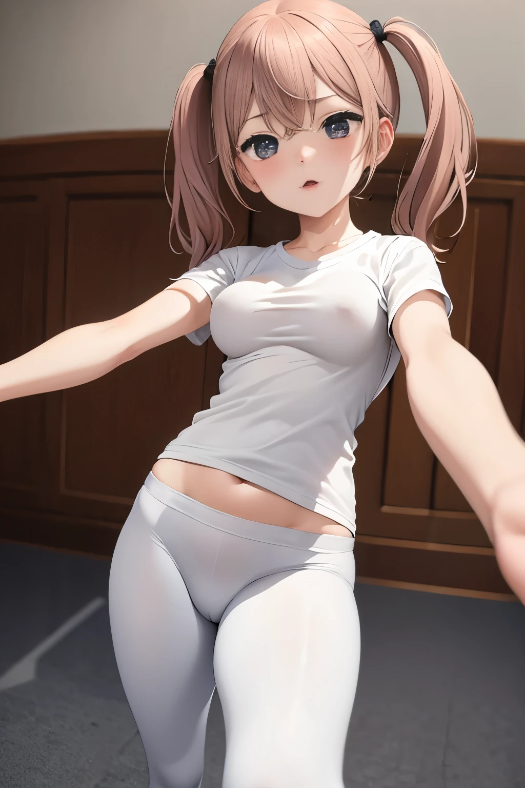 Optimal，masterpiece，High resolution，highest quality，in town、cute face，，brown hair、long hair、twin tails、 long eyelashes，drooping corners of the eyes，Are standing、thin legs、white skin，((Shoot from the front:1.5)), ((Wearing a tight white t-shirt:1.5)), ((tight yoga pants)). ((pointed nipples))、rocket tits , small breasts,