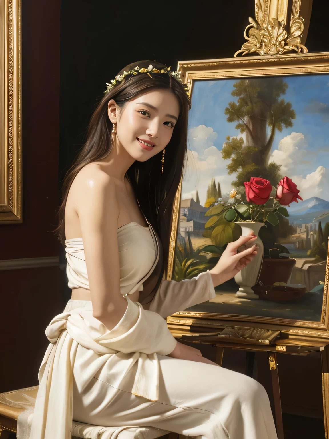 Giorgione painting style,roses in vase、fruits、Cute trinkets、smile、ancient greek costume、Clothes that stretch your shoulders、A big smile、beautiful bare skin,Female painter painting oil in her studio,Woman painting in oil with oil brush and palette,Woman painting oil on canvas