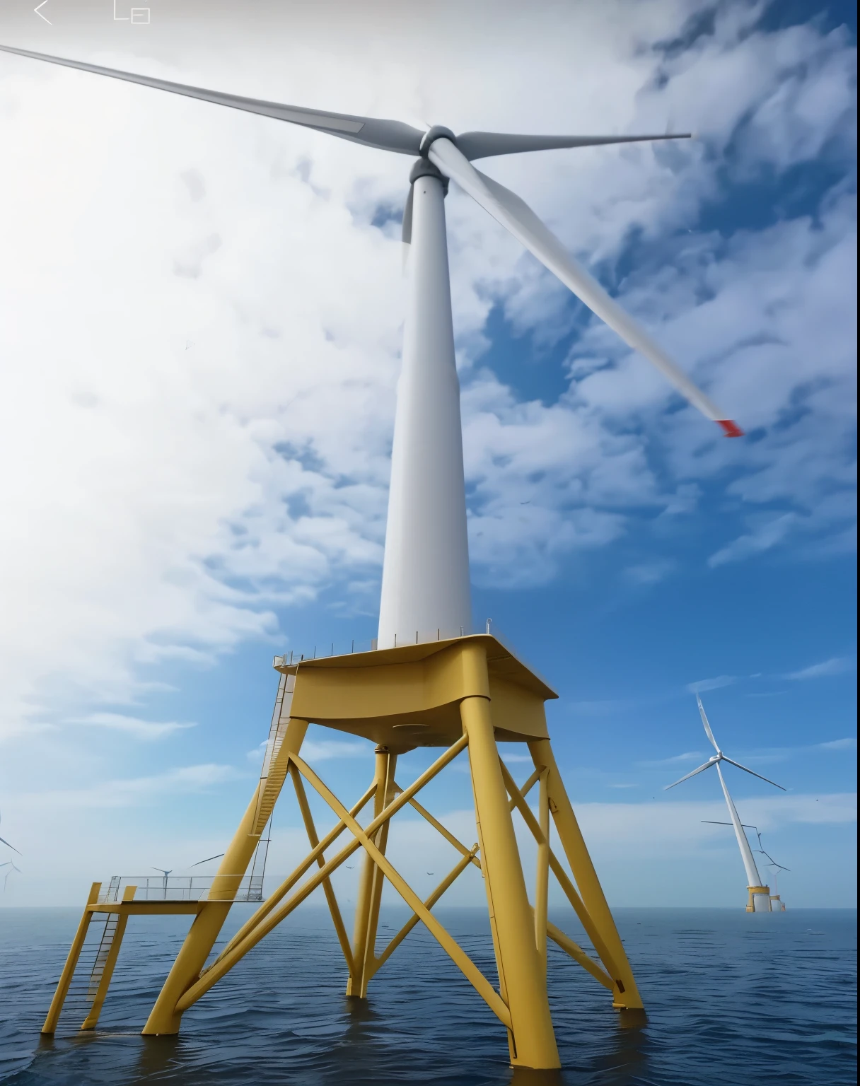 水体上风力Turbine的特写, Turbine, windmill的长镜头, wind Turbine, offshore wind, Epic super wide angle, 360 ft wingspan, Shot from below, video, breeze, view from below, windmill, Epic ultra-wide-angle lens,hypermodernism,Sunny sea,Offshore wind power plants tower over the sea,Offshore wind turbines are the foundation of the jacket,Use concrete towers。Lens uses wide angle lens,The distant view shows the magnificent sea view,With bright sunlight,Shows bright colors,Create a modern feel。