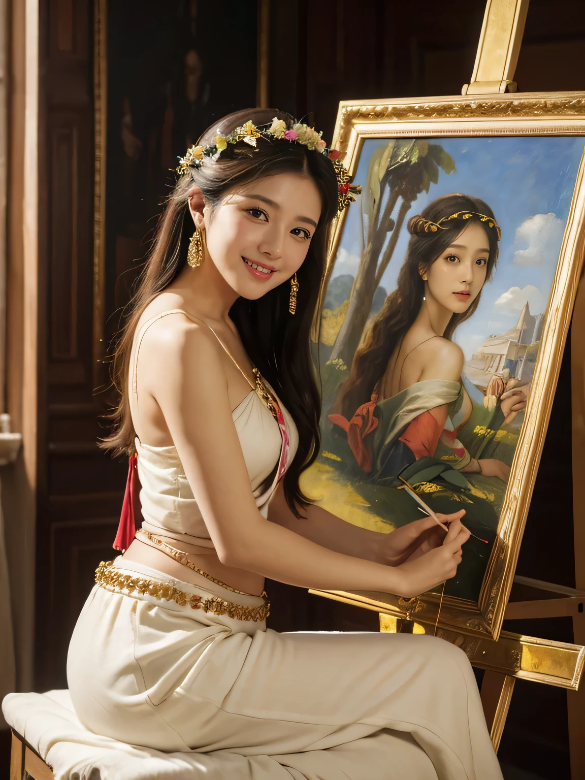 Giorgione painting style,roses in vase、fruits、Cute trinkets、smile、ancient greek costume、Clothes that stretch your shoulders、A big smile、beautiful bare skin,Female painter painting oil in her studio,Woman painting in oil with oil brush and palette,Woman painting oil on canvas