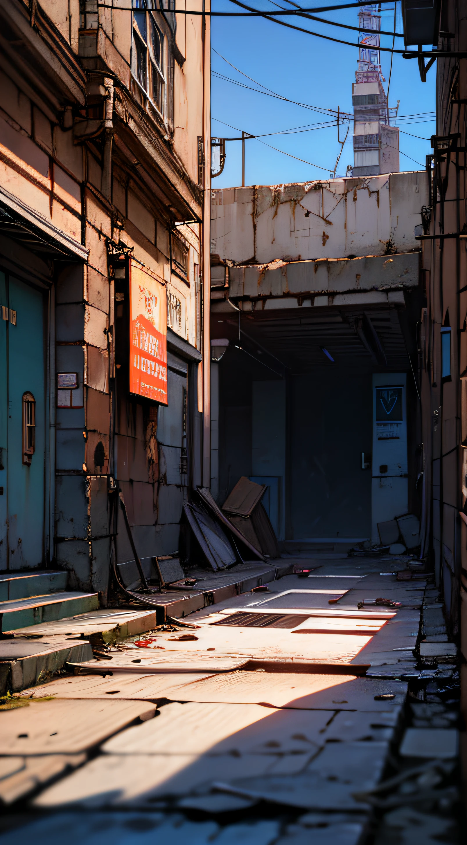 masterpiece, best quality, 8k, Ridiculous, (street, no humans, building:1.5), (metal sign, view, depth of field:1.2), landscape, cable, There is some rubbish on the ground, rusty scrap, (Damaged wall paint, Dirty and cracked concrete wall:0.8), dusty, high dynamic range, (bleach bypass, Ginno-Koshi:0.8), movie lighting, professional lighting, high contrast, sharp focus, high resolution, photography, surreal, Super detailed, Sharp details, fine details
