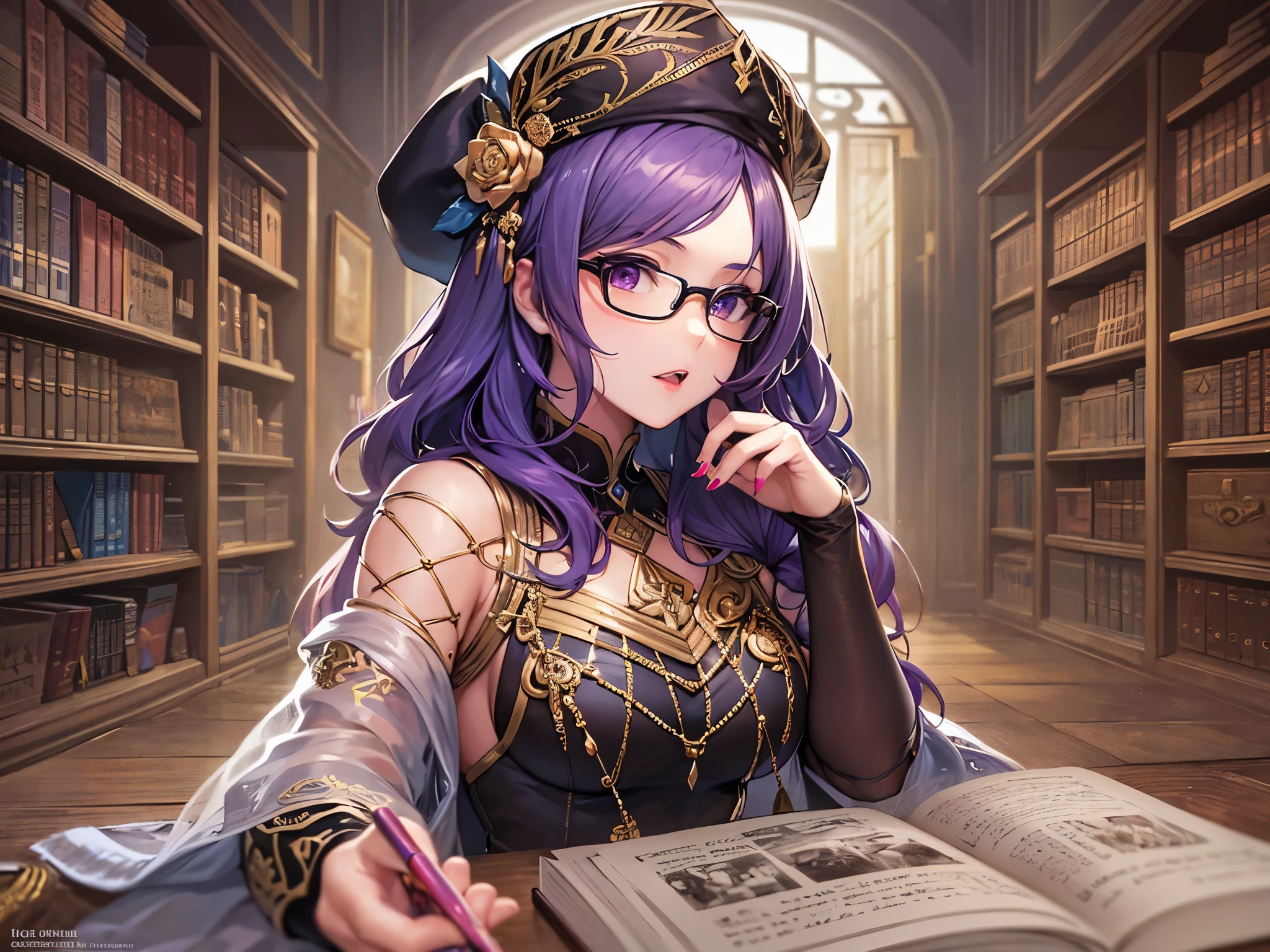 ((highest quality)),(ultra high resolution),(Super detailed),(detailed description),((best CG)),(best work of art),super precision art,amazing drawing art,(Fantasy art with precise details:1.5), (Female Scholar:1.5),(beautiful and well-shaped face:1.6),Glasses:1.1,(Intricately detailed robe:1.5),(carefully groomed hair:1.4),(beret:1.2), A bookshelf containing countless ancient documents,A magic lamp that illuminates the hall
