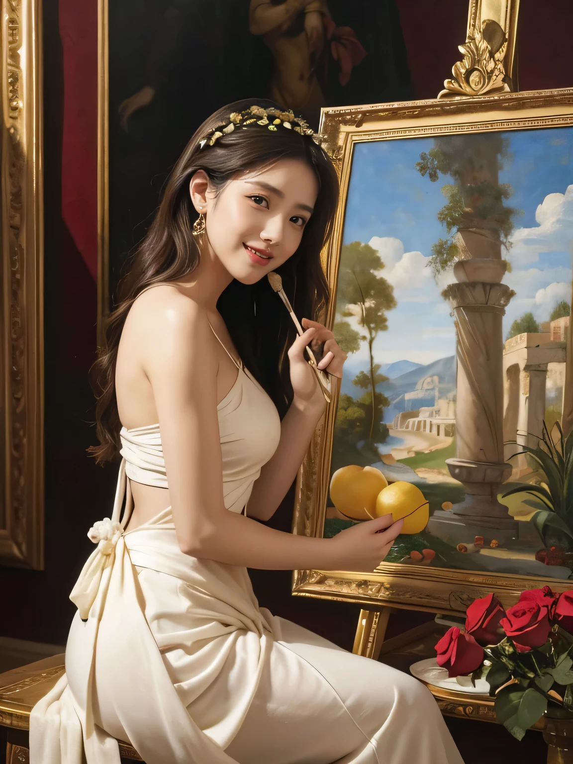 Giorgione painting style,roses in vase、fruits、Cute trinkets、smile、ancient greek costume、Clothes that stretch your shoulders、A big smile、beautiful bare skin,Female painter painting oil in her studio,Woman painting in oil with oil brush and palette,Woman painting oil on canvas