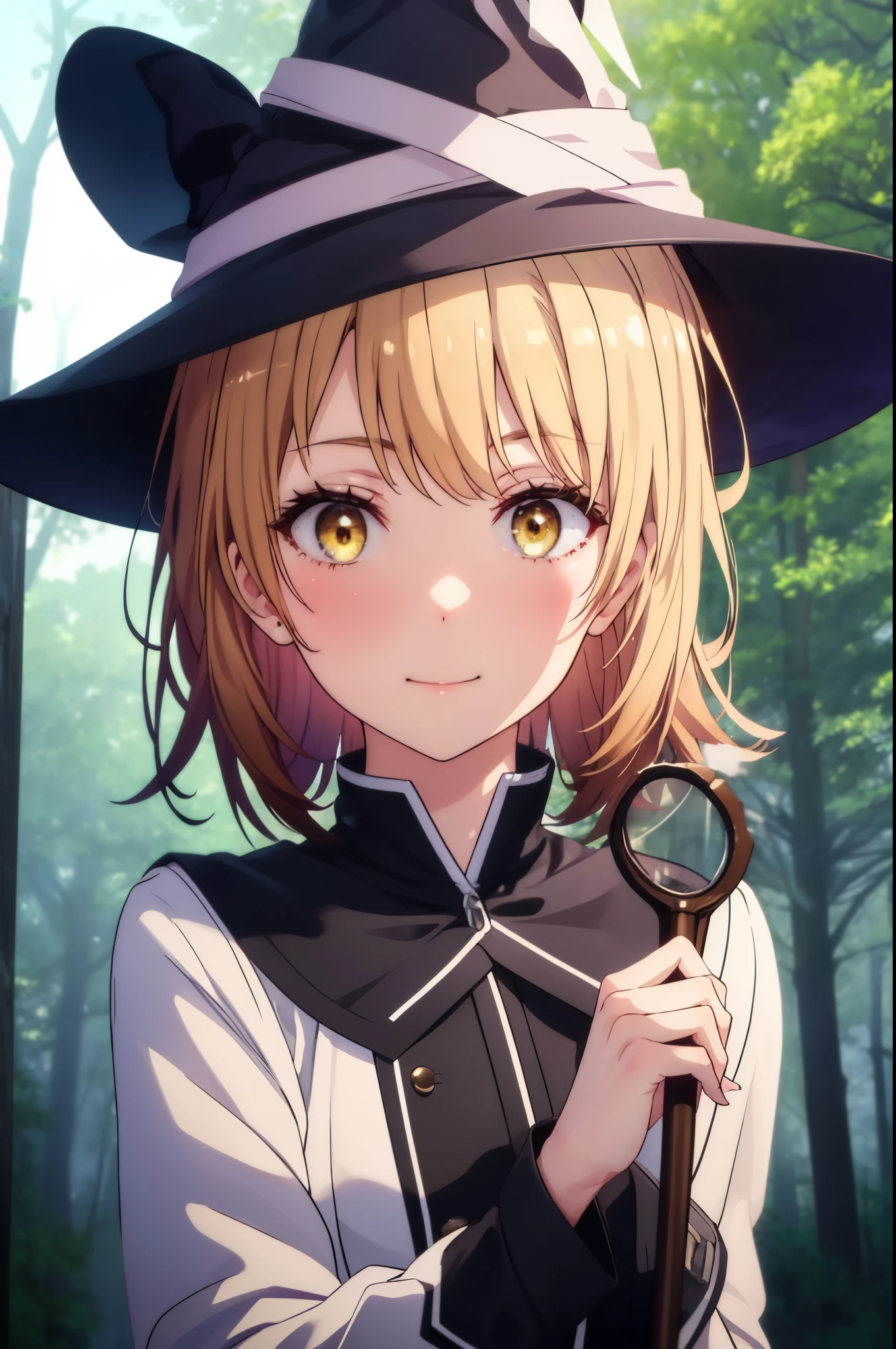 irohaisshiki, iroha isshiki, short hair, brown hair, (brown eyes:1.5), smile,witch hat,Witch costume,short boots,have a magic wand,
"Witch's Covenant": 月明かりに照らされたforestに集まったWitch's Covenantを示す暗くて雰囲気のある画像, Surrounded by swirling mist、Cast spells under the watchful eye of the shining full moon,
break outdoors, forest,
break looking at viewer,
break (masterpiece:1.2), highest quality, High resolution, unity 8k wallpaper, (figure:0.8), (detailed and beautiful eyes:1.6), highly detailed face, perfect lighting, Very detailed CG, (perfect hands, perfect anatomy),