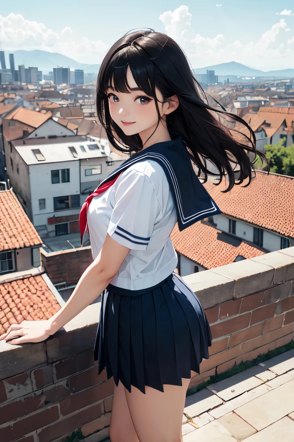 very cute and beautiful girl,(highly detailed beautiful face and eyes),
(smile),black hair,(sailor school uniform,pleated navy blue mini skirt),dynamic pose,looking at viewer,
many european houses with red roof,(town overview:1.2),
(best quality,masterpiece:1.2),absurdres,highres,ultra-detailed,extremely detailed,32k,8k resolution,
intricate details,cinematic scene,detailed background,solo,dynamic angle,
solo,hair fluttering in the wind,beautiful detailed sky,