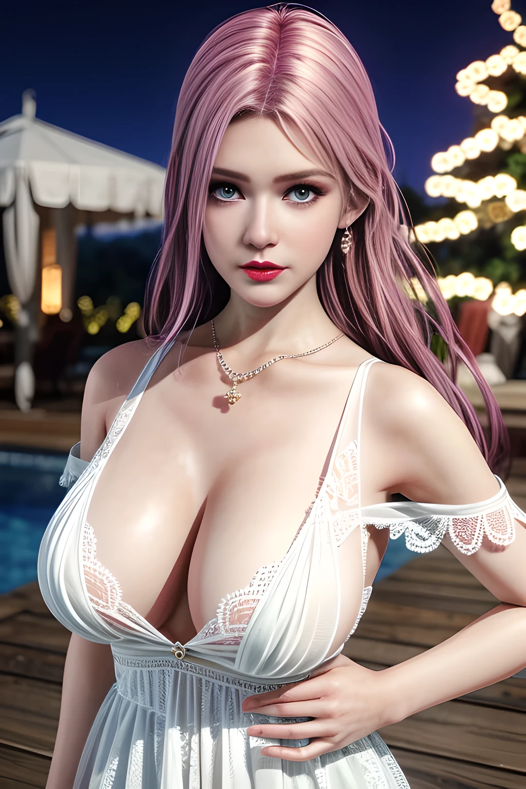 night,1 girl,Alice,hollow dress, White lace dress,jewelry,Outdoor activities, (standing posture),grace,(((red lips))), Lips slightly open, clavicle,Lactation,(huge breasts:1.3),skin shiny,((8k, original photo, top quality, masterpiece)), HD RAW color photos professional close-up photos, (actual, photorealism: 1.37), (best quality),8k,Fabric luster,alone,