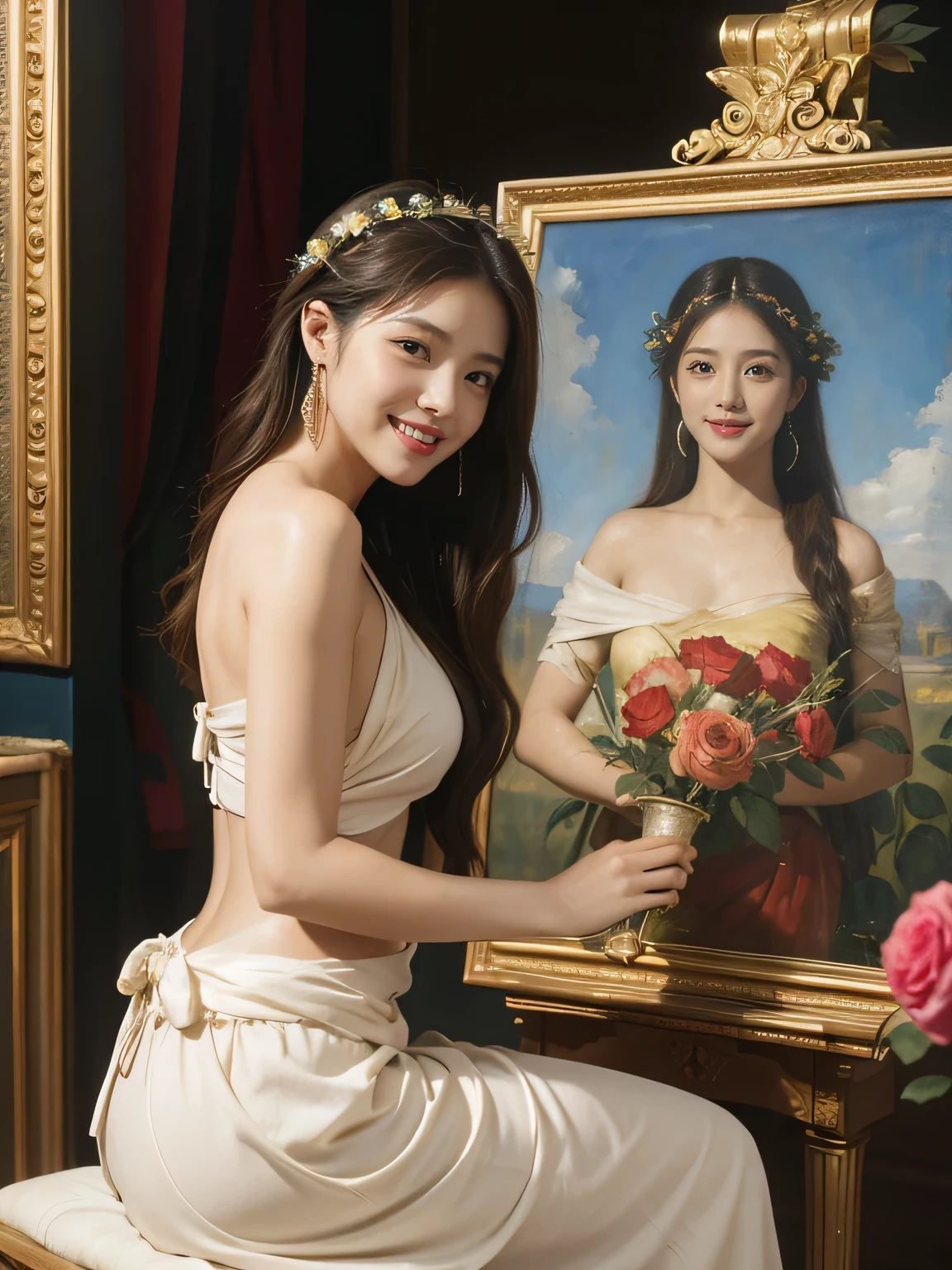 Geometry,astronault,quantum mechanics,Math,Astronomical machinery,astronault.Roses in a vase.fruits,Colossal tits,A smile.Ancient Greek costumes,Paintings by Sandro Botticelli。Costume with stretched shoulders,huge smile,Chiaroscuro of Caravaggio,Cute smile, Expression of ecstasy,A sexy