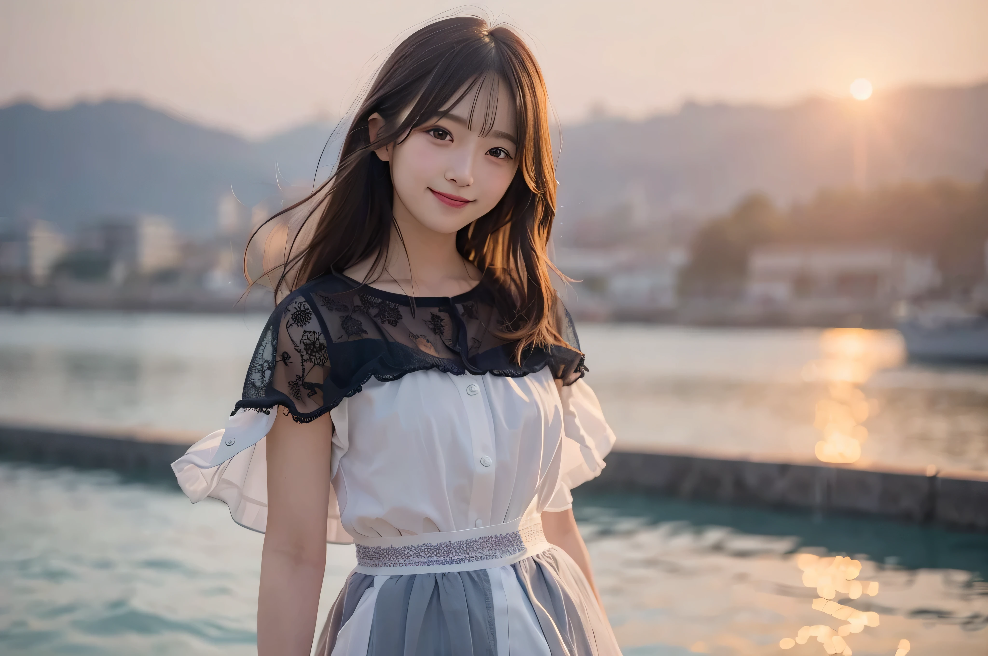 1girl in、Cute Japan person、Watching the view、A smile(A smile:1.5)、Medium chest、beautiful finely detailed eyes、during daytime、Sunshine、length hair(length hair:1.6)、Mare、swim wears:1.5、de pele branca、(top-quality、ultra-detailliert、high-resolution illustrations、Ultra-high-definition CG、coustics、Skin quality improvement、reality、masterpiece、high detailing)