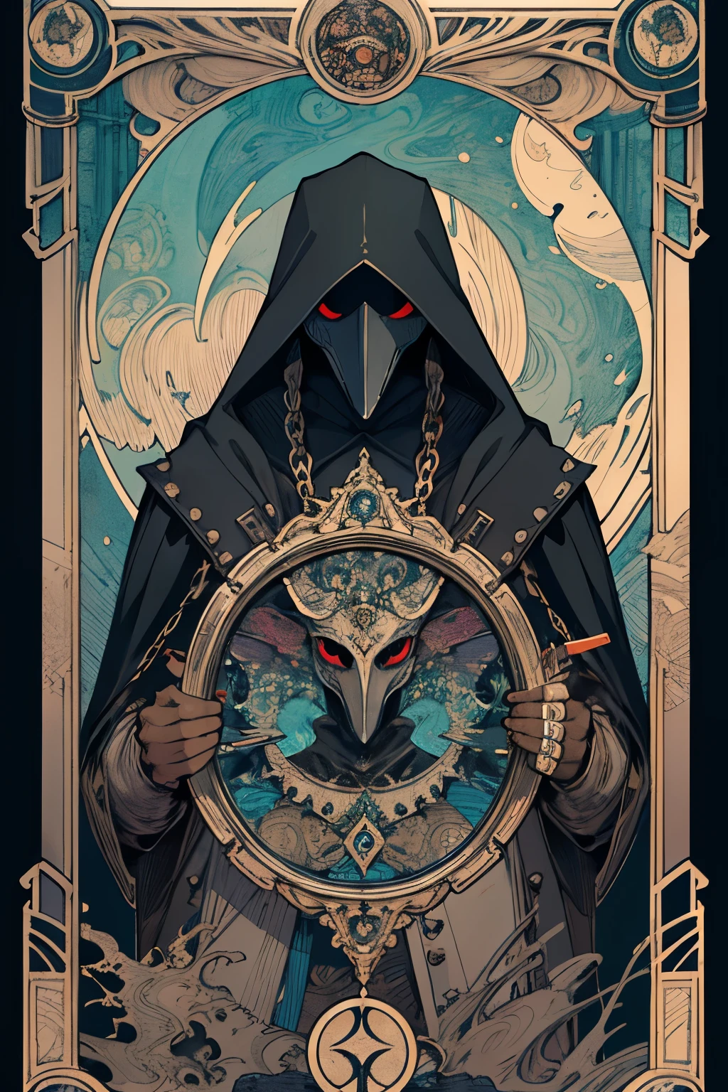 1 man, plague doctor, a bird-like beak mask, (long black hair:1.1), blood eyes, Victoria coat, hold a quill, (zendispute, mandala, dispute, endispute:0.6),(Fractal art),Chaos in its most beautiful form,Mucha art style, consciousness, steam Punk, Tarot card Frame